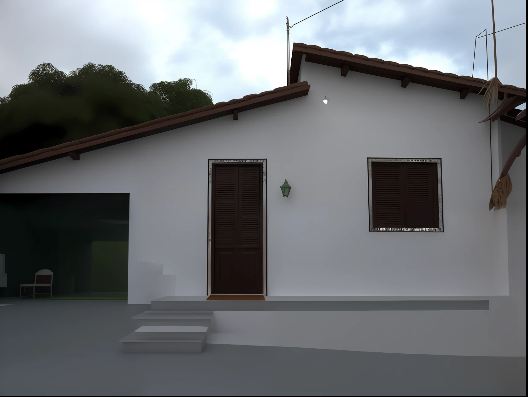 There is a white house with a brown door and a green door,Lumion Pro rendering, Directed by: CeFerí Olivé, vista externa, Vista frontal, vista frontal, vista exterior, imagem central, imagem frontal, visto de fora, Frente, Front view, casa velha, Casa colonial no fundo, Directed by: Willian Murai, casa de aldeia, casa completa, old building, by Antonio Parreiras