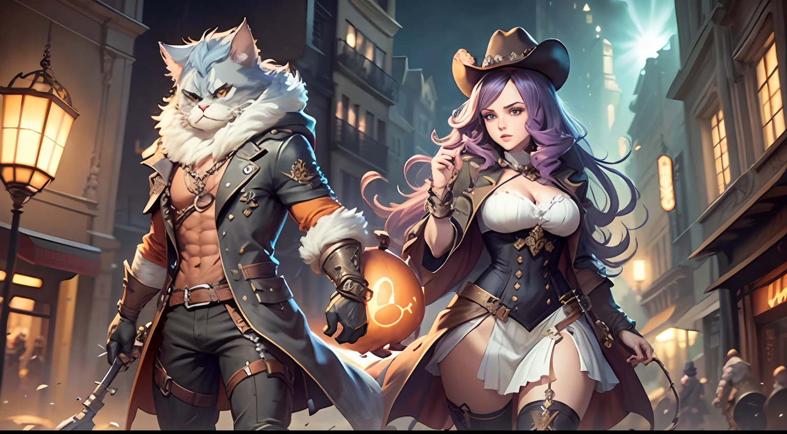 a couple of persian cat Anthropomorphic, , ,, , with his dress with intricate ornamentation orange and purple ,with a cowboy hat ,, , highest quality,, very angry face, greaves, playing an electric guitar, high quality, body fitness, full body, long hair with braids, octopath traveler, romance book cover, boris valejo. octopath traveler, octopath traveller style, hands holding big glowing orbs, artbook artwork, full art illustration, official art, official artwork hdr, promotional art, character album cover, light novel cover art, official artwork, romance novel cover