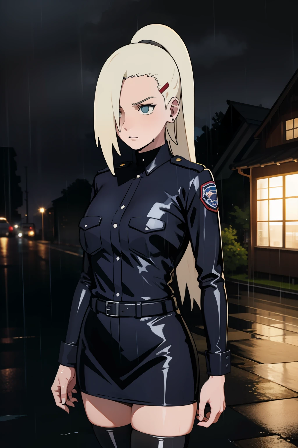 Ino yamanaka, Wet, latex, Night, rain, Storm,Police uniform,Long black stockings,downpours