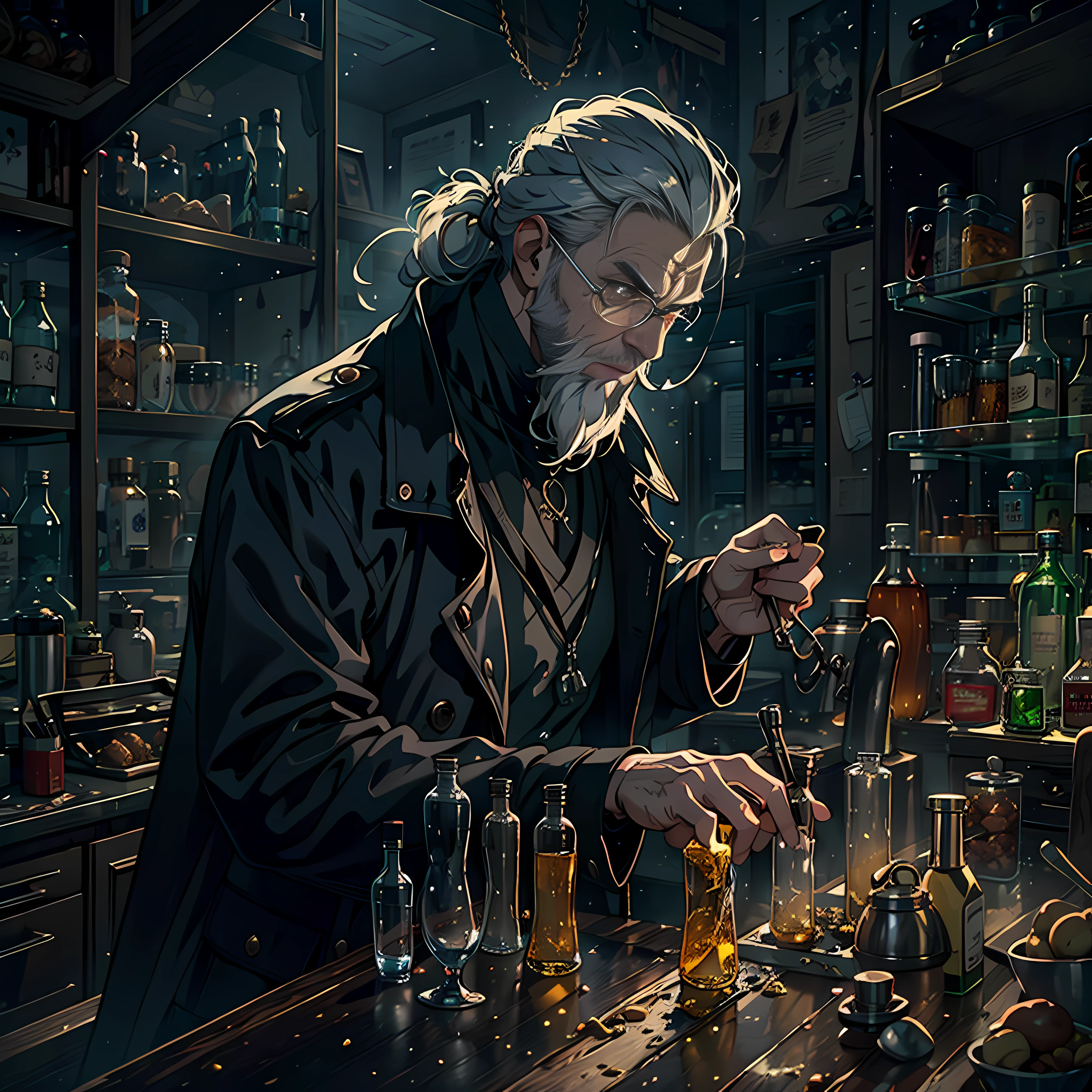 The demon hunter is a young man with black hair and beard,Wears a large black trench coat with a black pattern。Looking at the gray-haired old man in front of him, he took out a row of ten test tubes,Neatly placed on the counter。The pale golden liquid rippled with layers of dazzling light under the glass test tube。Dark theme, optic, fanciful。