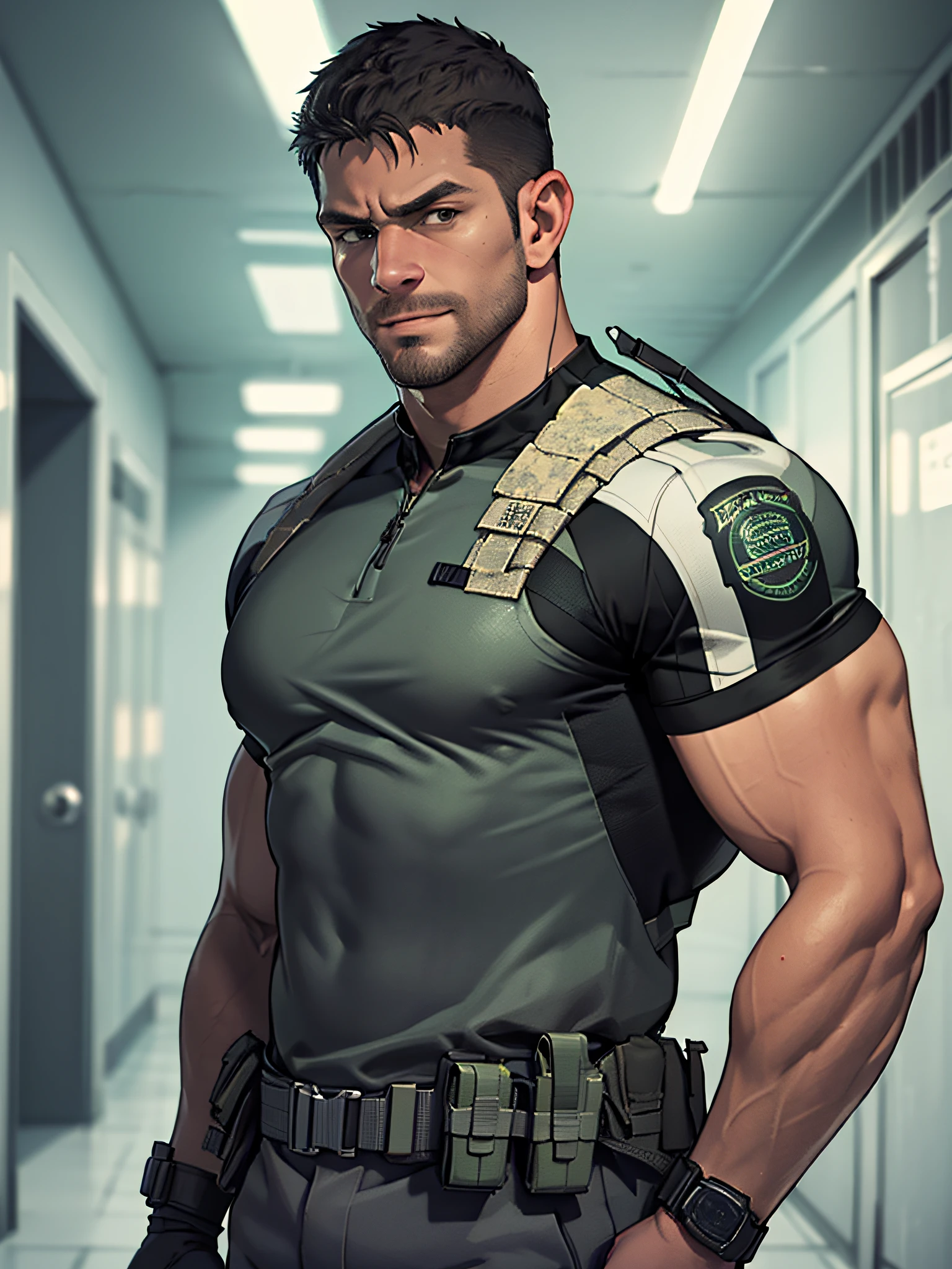 1 man, solo, 35 year old, Chris Redfield, wearing green T shirt, smirks, white color on the shoulder and a bsaa logo on the shoulder, millitary tactical suit, tall and hunk, biceps, abs, chest, best quality, masterpiece, high resolution:1.2, upper body shot, dark black gloomy hallway in the background, detailed face, shadow, volumetric lighting, center focus, low camera angle