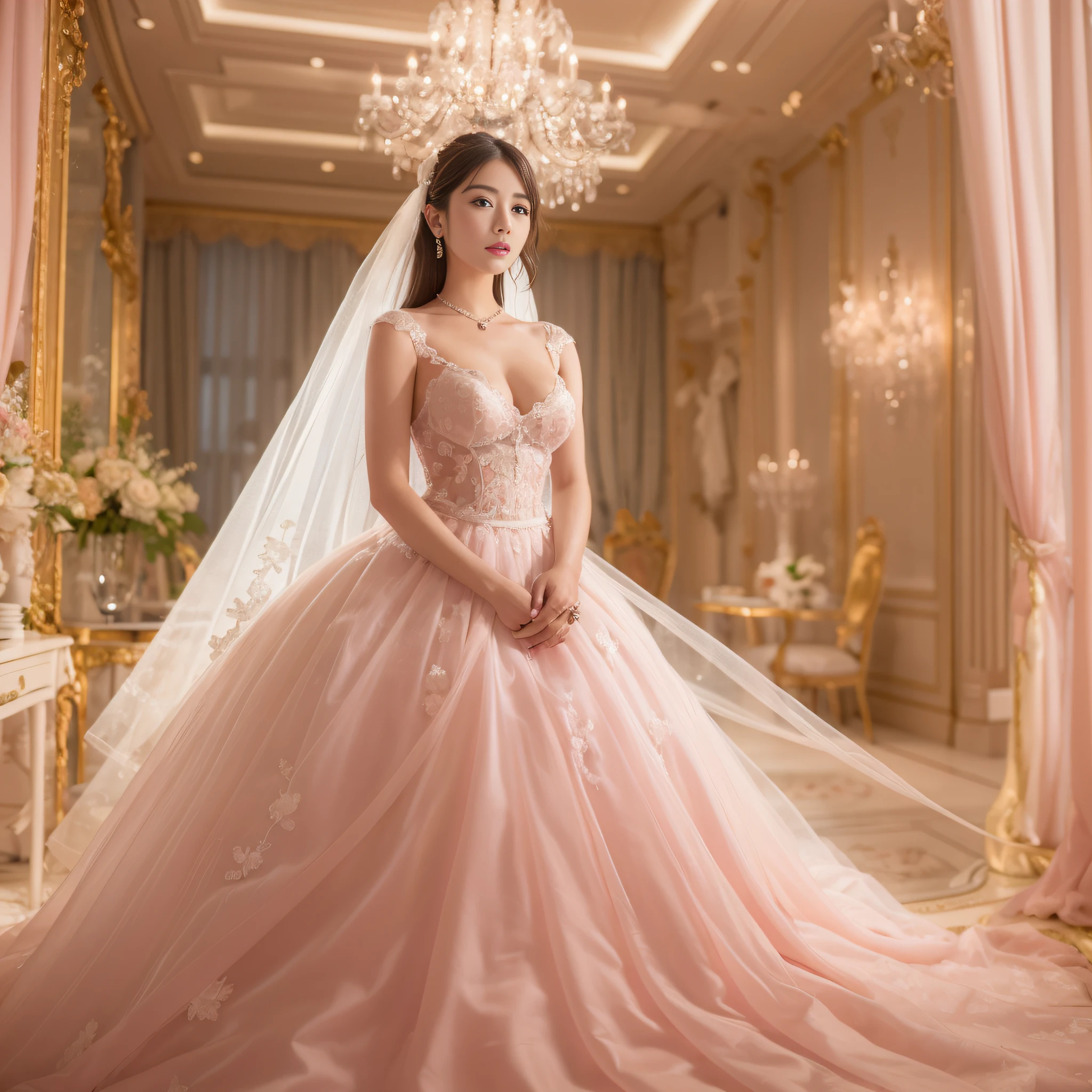 best qualtiy, tmasterpiece, A high resolution, Girl 25 years old,Wedding dress,Open-chest Tyndall effect,realisticlying,Pink room edge lighting,twotonelighting,(highdetailskin:1.2),8K high-definition,gentle illumination,high high quality,The upper part of the body, Plump breasts,