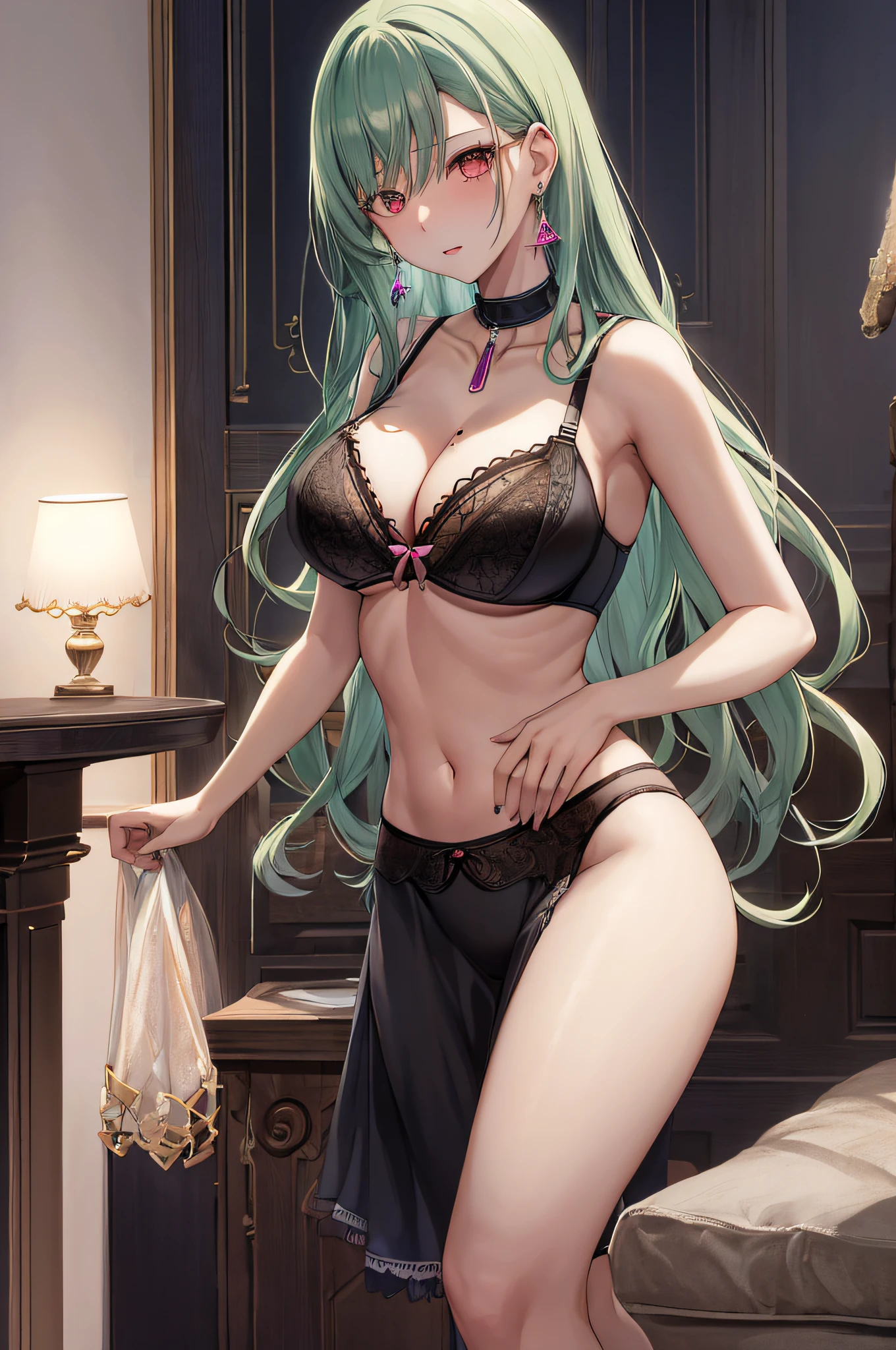 masutepiece, of the highest quality, High quality, yakumodd, Long hair, crystal earrings, earrings, mole in breast, Big Tits, cleavage, Black bra, black thong, Navel,High contrast, (The best lighting, Very delicate and beautiful), ((Cinematic Light)),