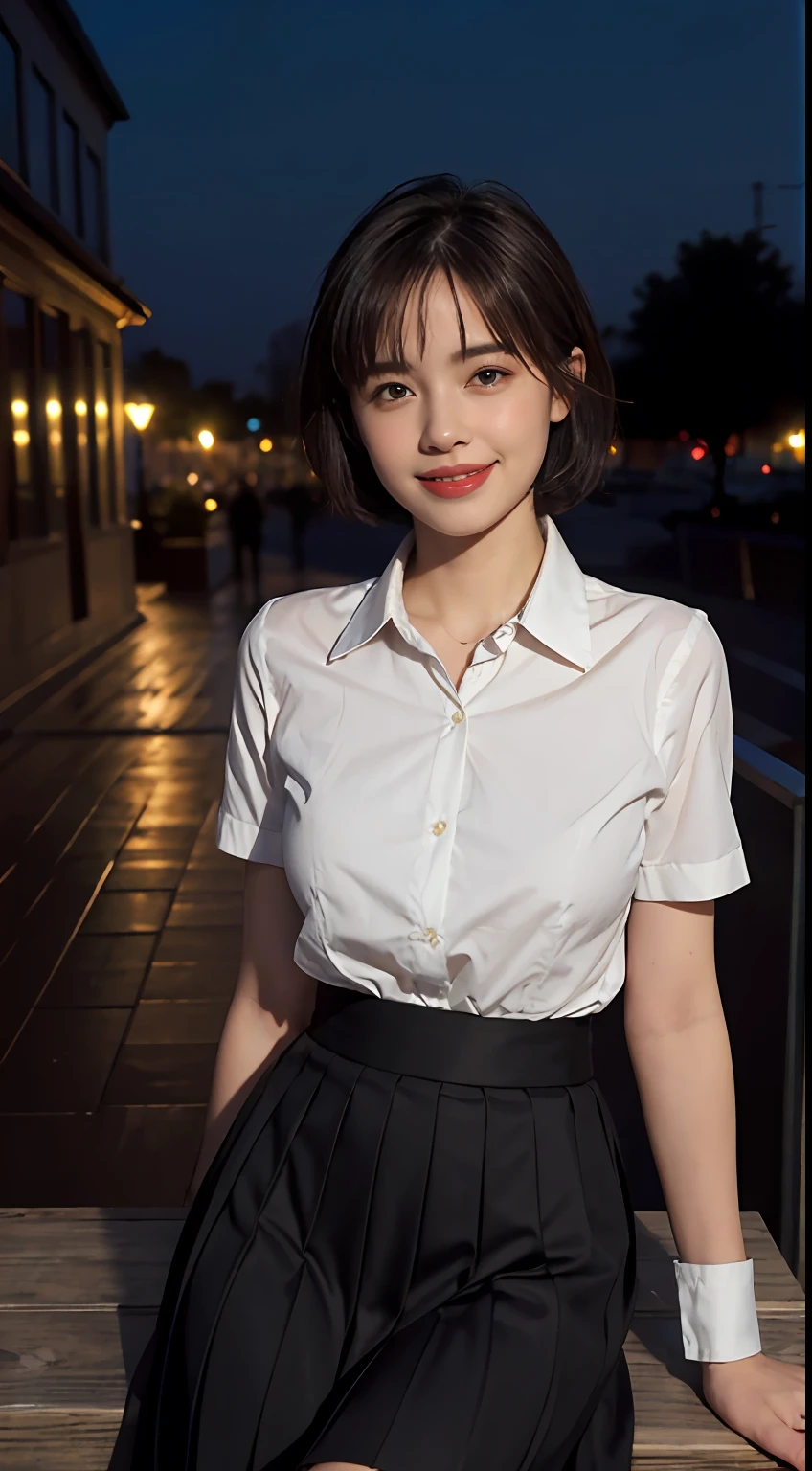 (8K, Best quality, Masterpiece:1.2), (Realistic, photo-realistic:1.37), Ultra-detailed, 1 girl,Cute, Solo,Beautiful detailed sky,Detailed Cafe,Night,Sitting,dated,(nose blush),(Smile:1.1),(Closed mouth) Medium breasts,Beautiful detailed eyes,(Collared shirt:1.1), neck bowtie,Pleated skirt,(Short hair:1.2),Floating hair