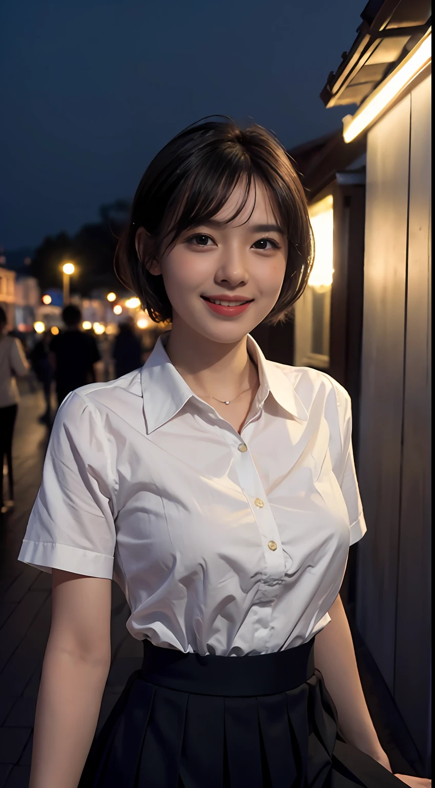 (8K, Best quality, Masterpiece:1.2), (Realistic, photo-realistic:1.37), Ultra-detailed, 1 girl,Cute, Solo,Beautiful detailed sky,Detailed Cafe,Night,Sitting,dated,(nose blush),(Smile:1.1),(Closed mouth) Medium breasts,Beautiful detailed eyes,(Collared shirt:1.1), neck bowtie,Pleated skirt,(Short hair:1.2),Floating hair
