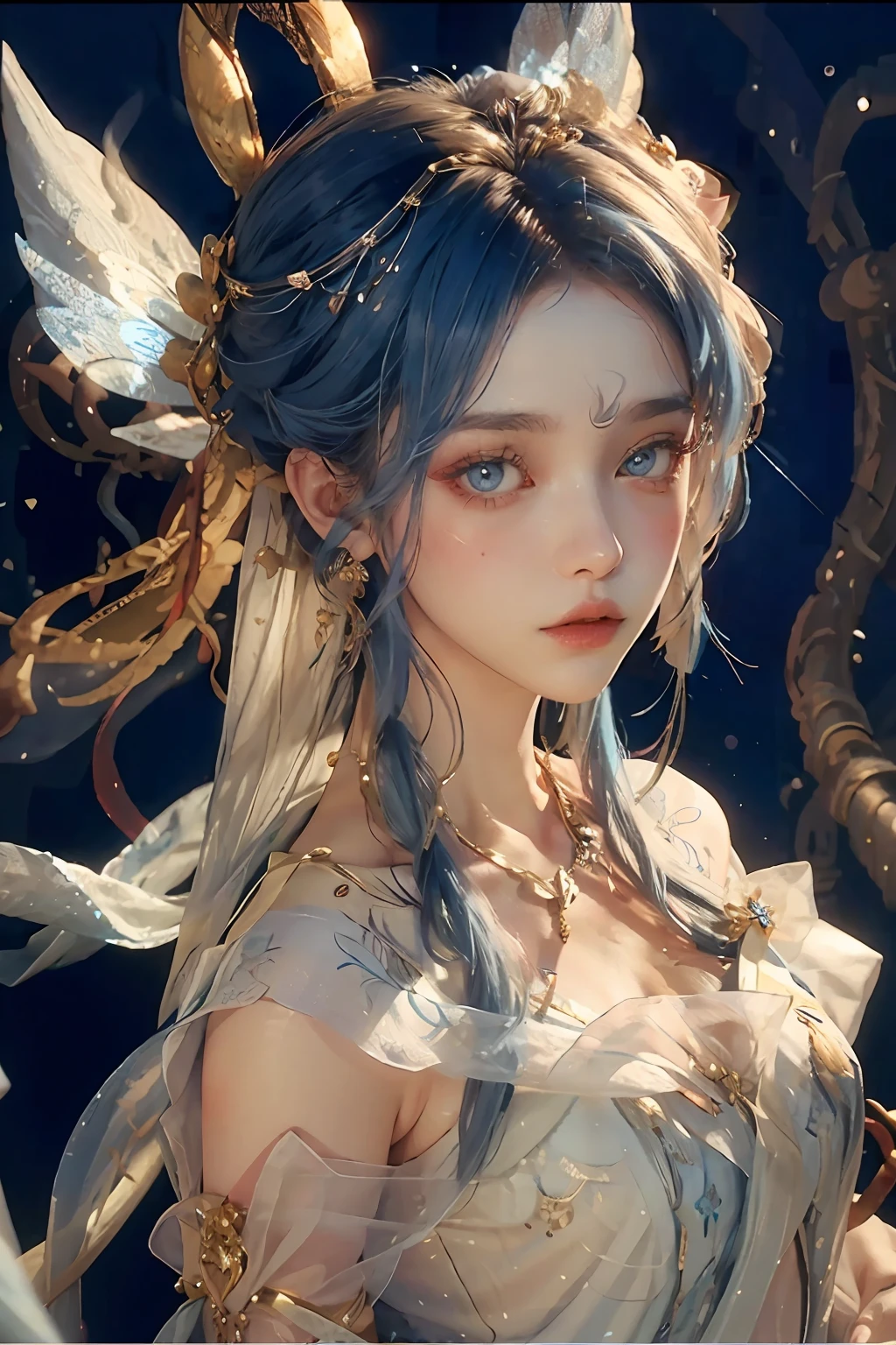 1 girl, white and blue long dress, fairy spirit, delicate makeup, lipstick, big eyes, blue eyes, perfect figure,