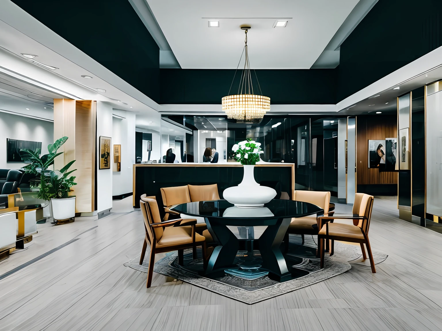 there is a vase on a table in a lobby with a sign, set inside of the bank, deep image, full - view, leaked image, corporate photo, version 3, full device, single image, fine art piece, full - body, full-body, artistic pose, inside the building, full image, office interior, office, full figure, group photo
