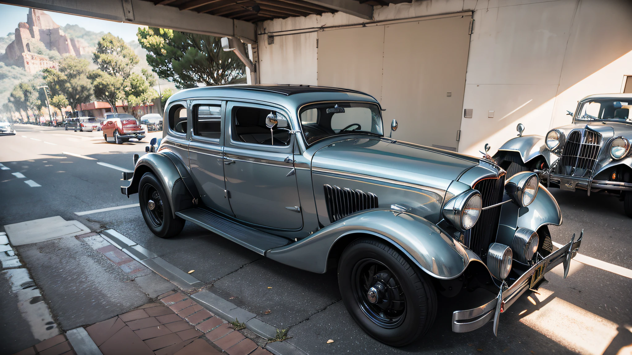 1930s silver car, ((super rrealista: 1.2)), Hi-Def, detallado, 8k