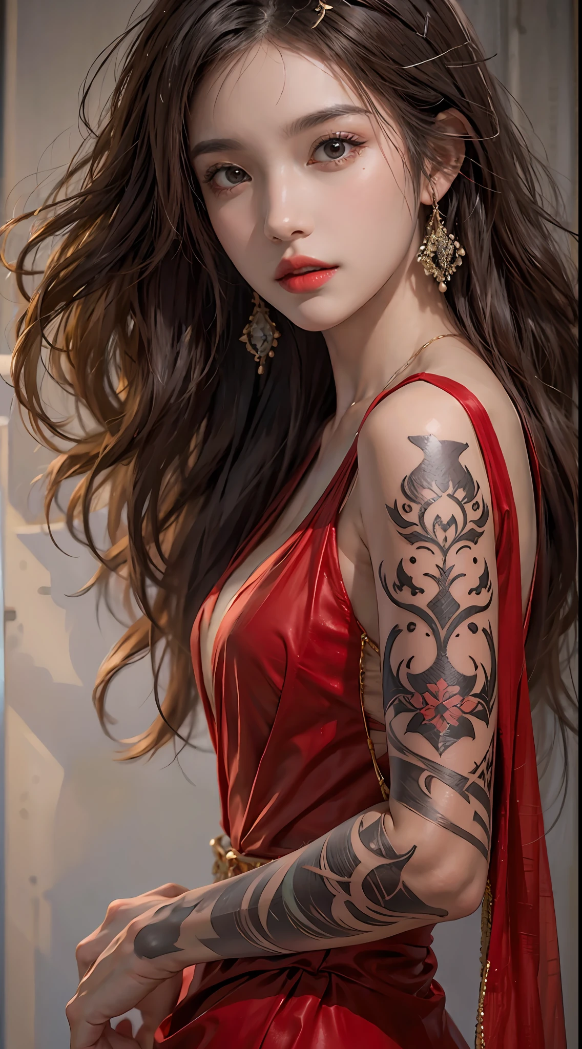 photorealistic, high resolution, 1women, solo, hips up, look at viewer, (detailed face), long hair, red elegant dress, jewelry, tattoo