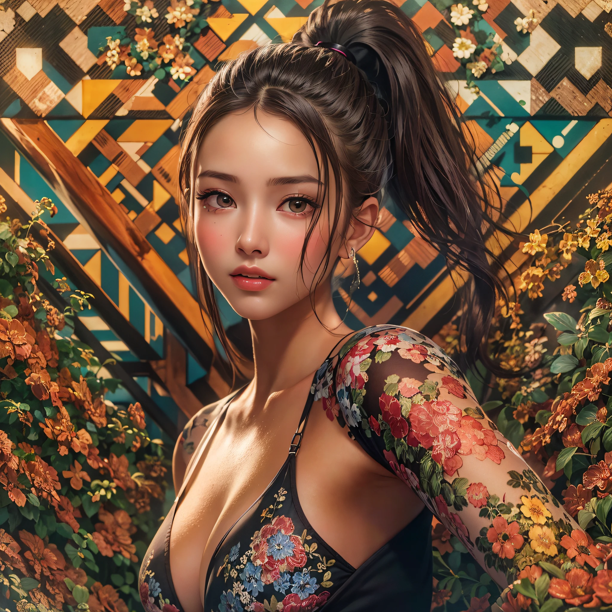 (Highest Quality, hyper-realistic, Super dense, very detailed illustration, Best image quality:1.4, very detailed illustration),
(Background, symmetrical, Compositions with coloful geometric arabesque patterns):1.3, 
(sexy black bikini), (1woman:1.3, solo), 
(full body:1.3), (Model-like body shape), 
(High ponytail), (dark brown hair), 
(Japanese, 18-year-old woman),  
(smiling:0.5)