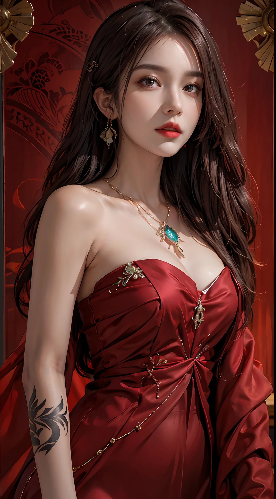 photorealistic, high resolution, 1women, solo, hips up, look at viewer, (detailed face), long hair, red elegant dress, jewelry, tattoo