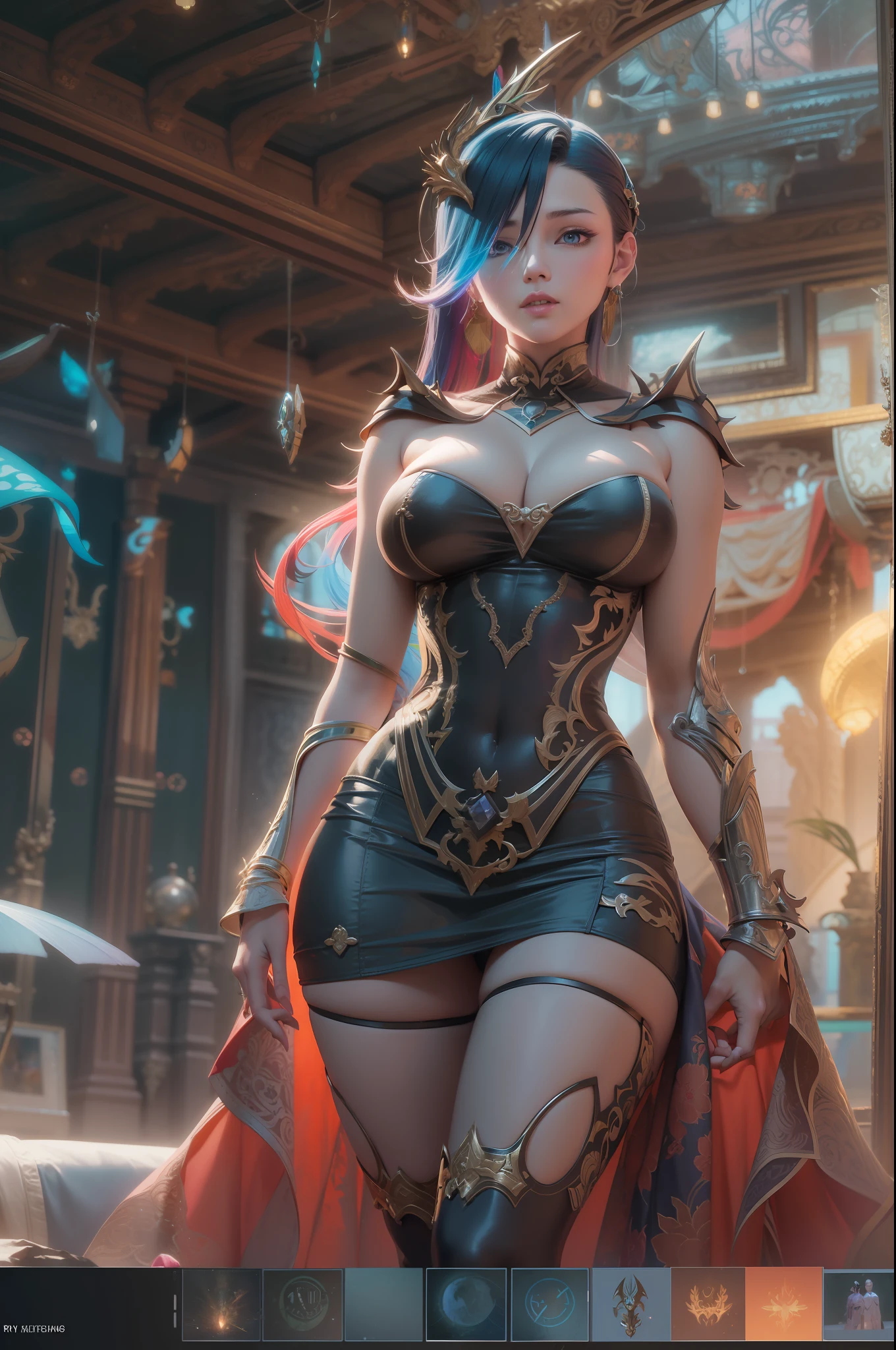 Epic scenes,Colorful colors,unreal-engine,8K分辨率,tmasterpiece,Rainbow skins,Specular reflection,Ray tracing effect,blacksilk,Imperial Daughter,A MILF,tightsuit,huge tit,short skirt,stocklings,Complicated details,fantasy concept art,Tulle clothes