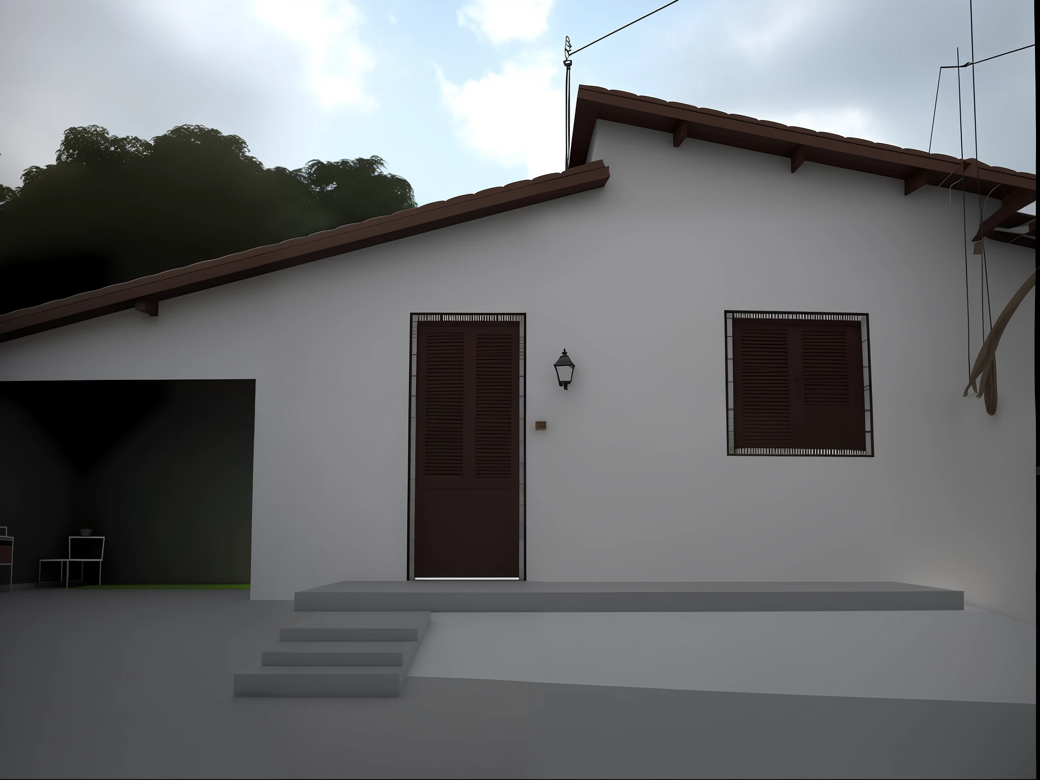 There is a white house with a brown door and a green door,Lumion Pro Rendering, Directed by: CeFerí Olivé, vista externa, vista frontal, vista frontal, Vista exterior, imagem central, imagem frontal, visto de fora, testa, Front view, casa velha, Casa colonial no fundo, Directed by: Willian Murai, casa de aldeia, Casa completa, old building, by Antonio Parreiras