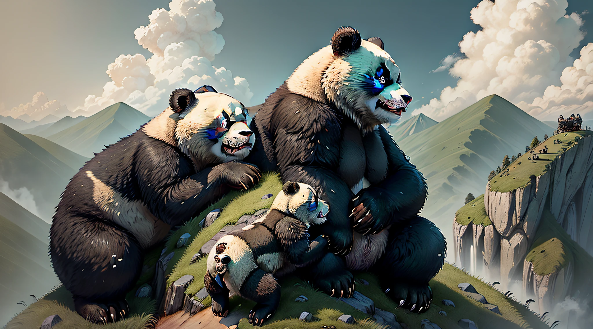 A group of cute giant pandas playing on the top of the mountain,Furry animals,looking at the distance,Complicated details,Detailed picture,Cinema lenses,Promotional video images,high-quality wallpaper。