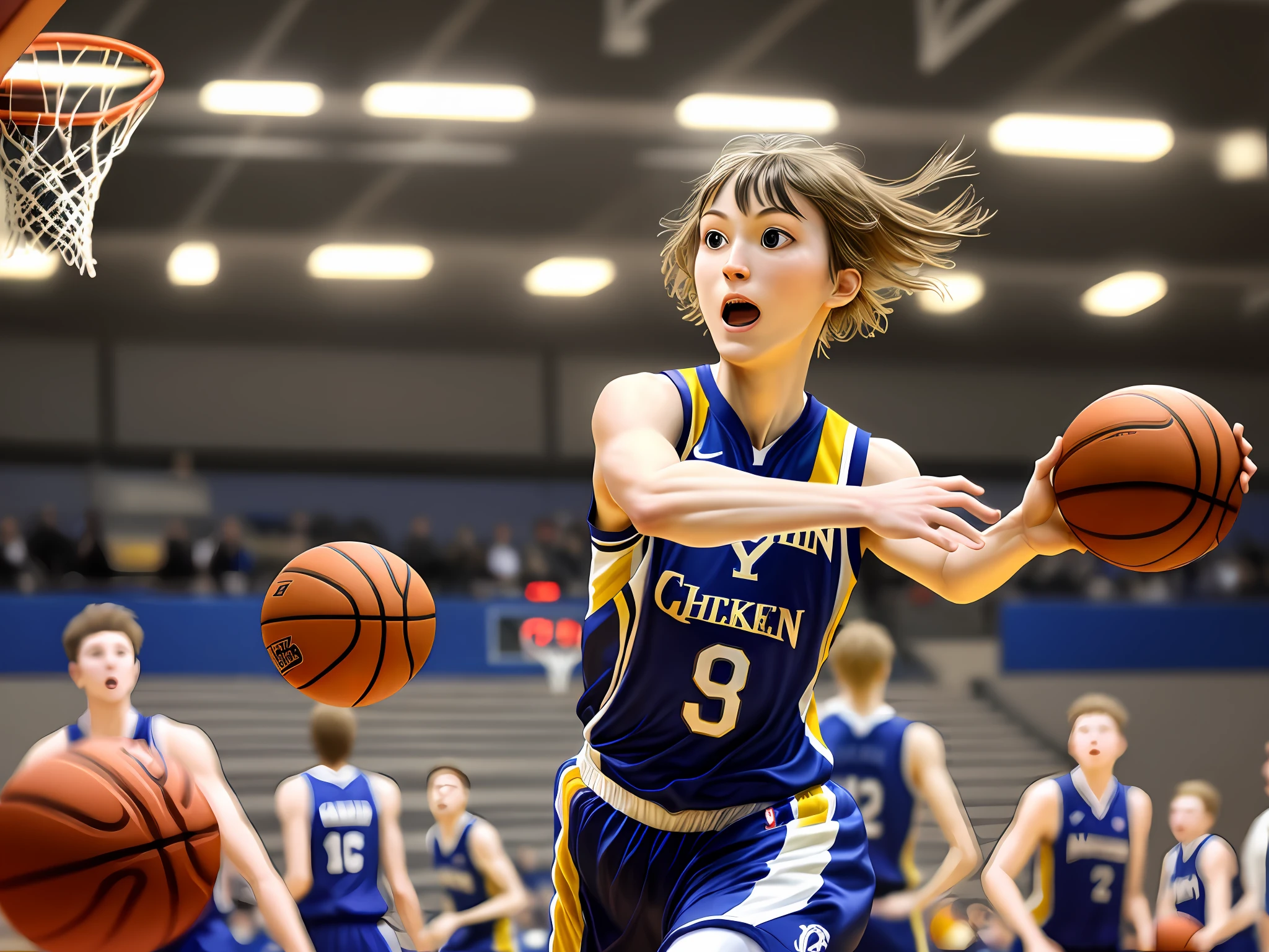 Chicken playing basketball