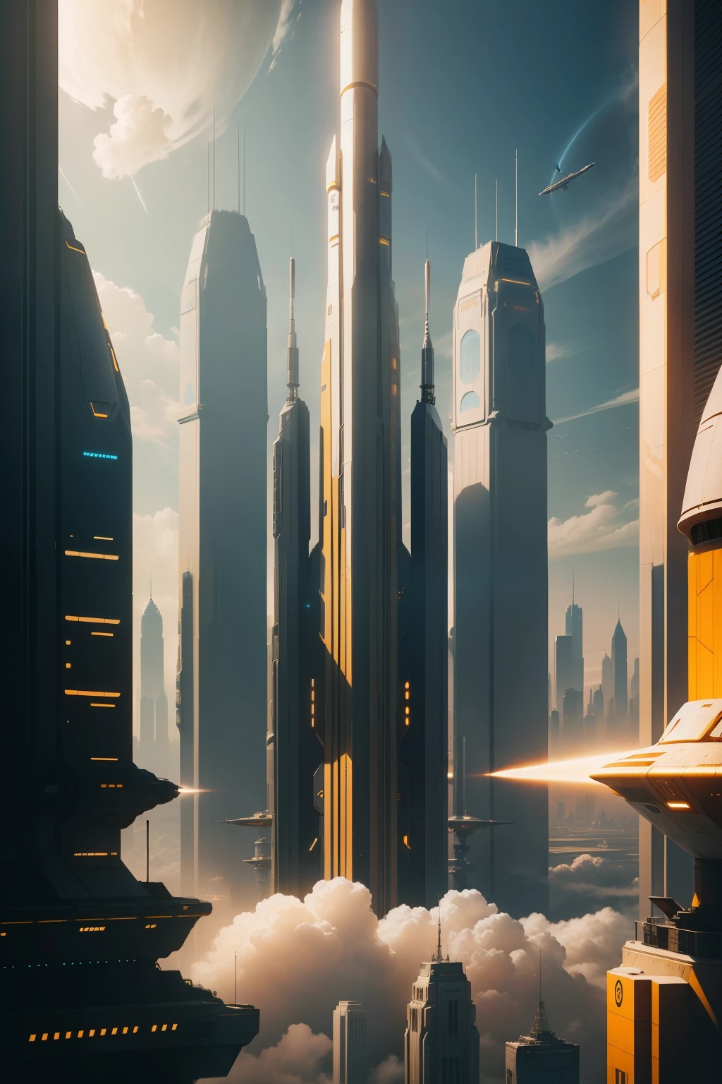 A futuristic setting of a large tech metropolis, Architecture of the science fiction metropolis, in its airspacewith several spacecraft flying, Highlight pieces, Complex structure and parts of walls and machines, dutos verticais e horizontais, The front of the image of the city which is the matte painting of main background, An astronaut observes from the top of a city platform metal tubes and tubes, textura do metal, dia claro, senso de tecnologia, strong contrast lighting, History of Science and Technology, blue skies, nuvens brancas e 3D, Colar plano de fundo, High definition, 8k, Realismo, pintura fosca, dark yellow light
Waiting to get started