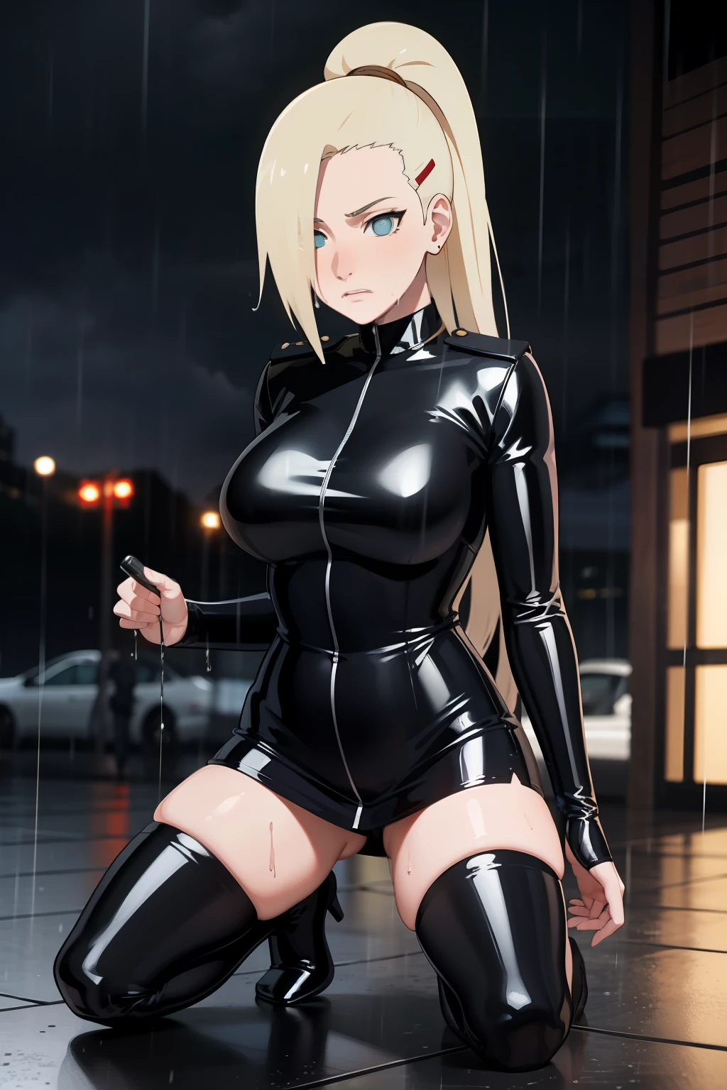 Ino yamanaka, Wet, latex, Night, rain, Storm,Police uniform，Long black stockings，downpours，Kneeling position，Be red in the face，perspire