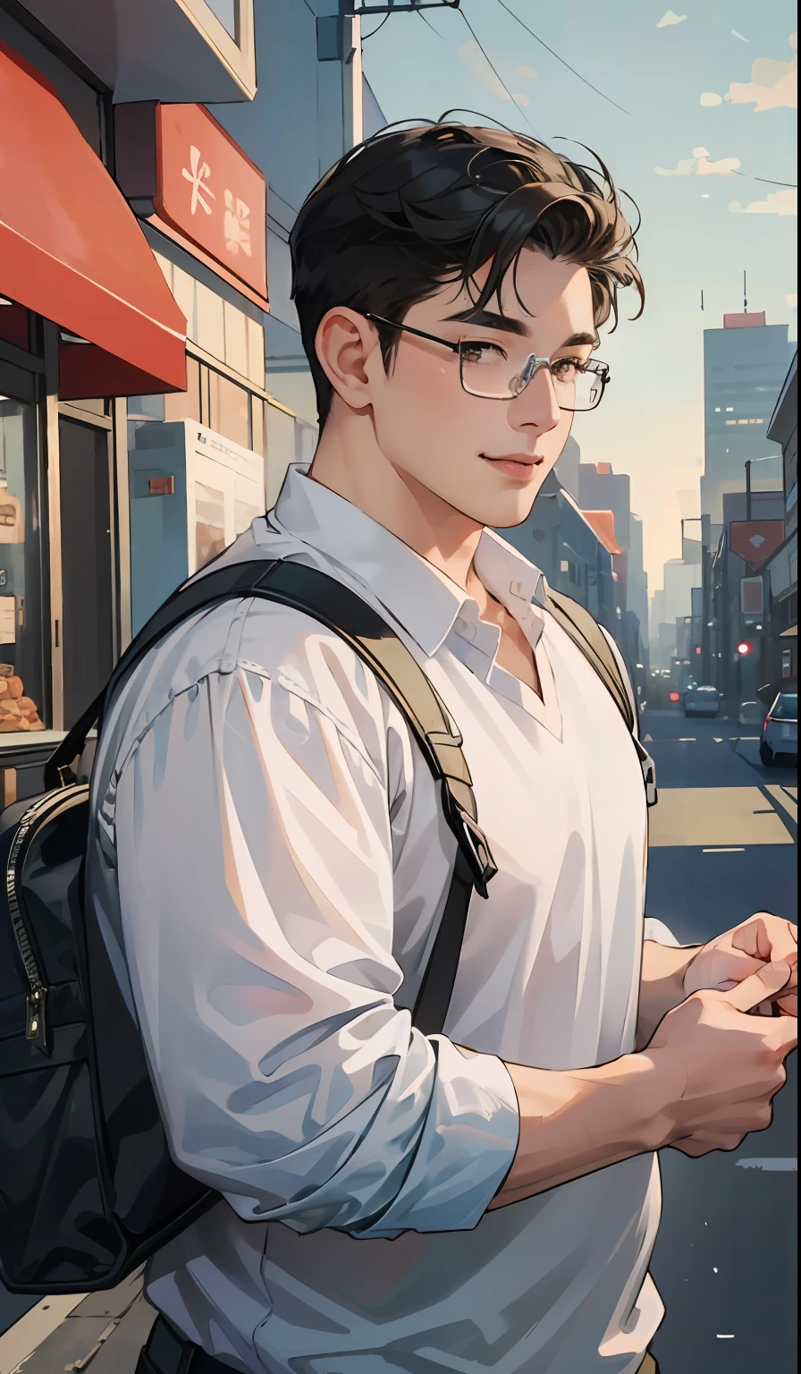 (absurd, high, extremely detailed),((masterpiece)), ((best quality:1.1)), High resolution, 8k,1 chubby, fat boy, 18 age, (dumpling cheeks: 1.1), shaded face, (wearing glasses: 1.1), armor clothes, (black hair, short hair slicked back :0.8),
brown eyes, smiling eyes, looking at the viewer, fat face, hand holding a bag of snacks,
on the road, anime style, city, HDR, HD, clear details