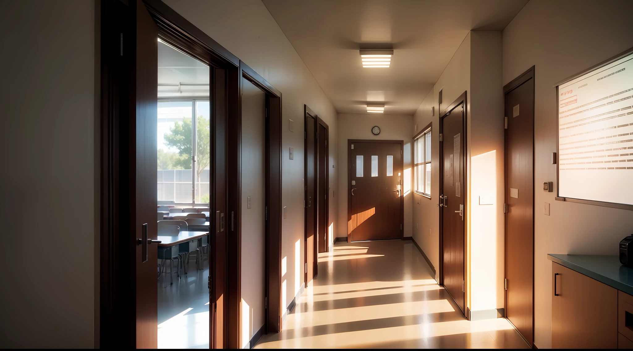 Faraway view，School Classroom，In the hallway，There is a front door and a back door，hyper HD，Detail portrayal
