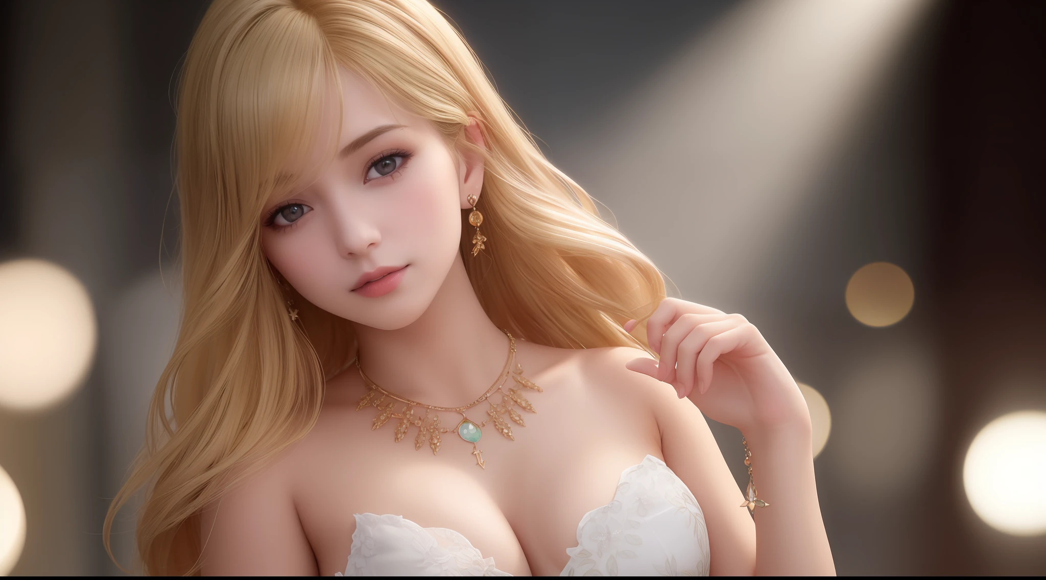 best quality, masterpiece, high_res, 1girl, hair ornament, necklace, jewelry, Beautiful face, upon body, tyndall effect, photo realistic, dark studio, rim lighting, two tone lighting, (high detailed skin:1.2), 8k uhd, dslr, soft lighting, high quality, volumetric lighting, candid, Photograph, high resolution, 4k, 8k, Bokeh, medium breasts, open fingers, (hair color:blonde:1)