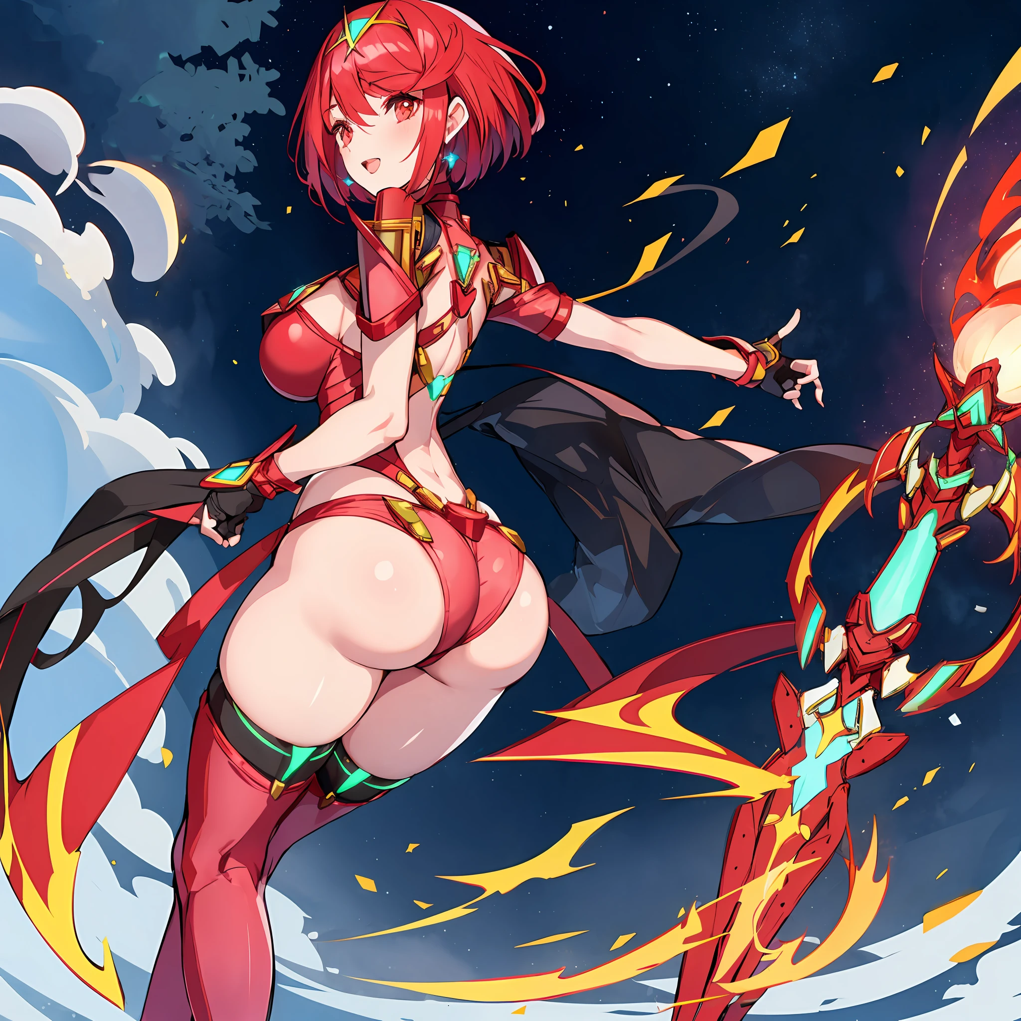 pyra \(xenoblade\), teen_1girl, armor, bangs, black gloves, breasts, red eyes, closed mouth, earrings, eyelashes, fingerless gloves, floating hair, framed breasts, gem, gloves, hair ornament, headpiece, jewelry, big_breasts, leaning back, leotard, neon trim, official art, pose, red hair, red shorts, saitou masatsugu, short hair, short shorts, short sleeves, shorts, sidelocks, skin tight, solo, standing, swept bangs, thighhighs, tiara, night_prairie_background, turtleneck, underbust, vambraces, xenoblade chronicles \(series\), (xenoblade chronicles 2), apart_legs, fire_effect,dynamic_pose_fighting,light_smile, (plump:1.1), big_ass,huge_sword, hold_large_sword_hilt, solo, covered_nipples, covered_pussy,open_mouth,