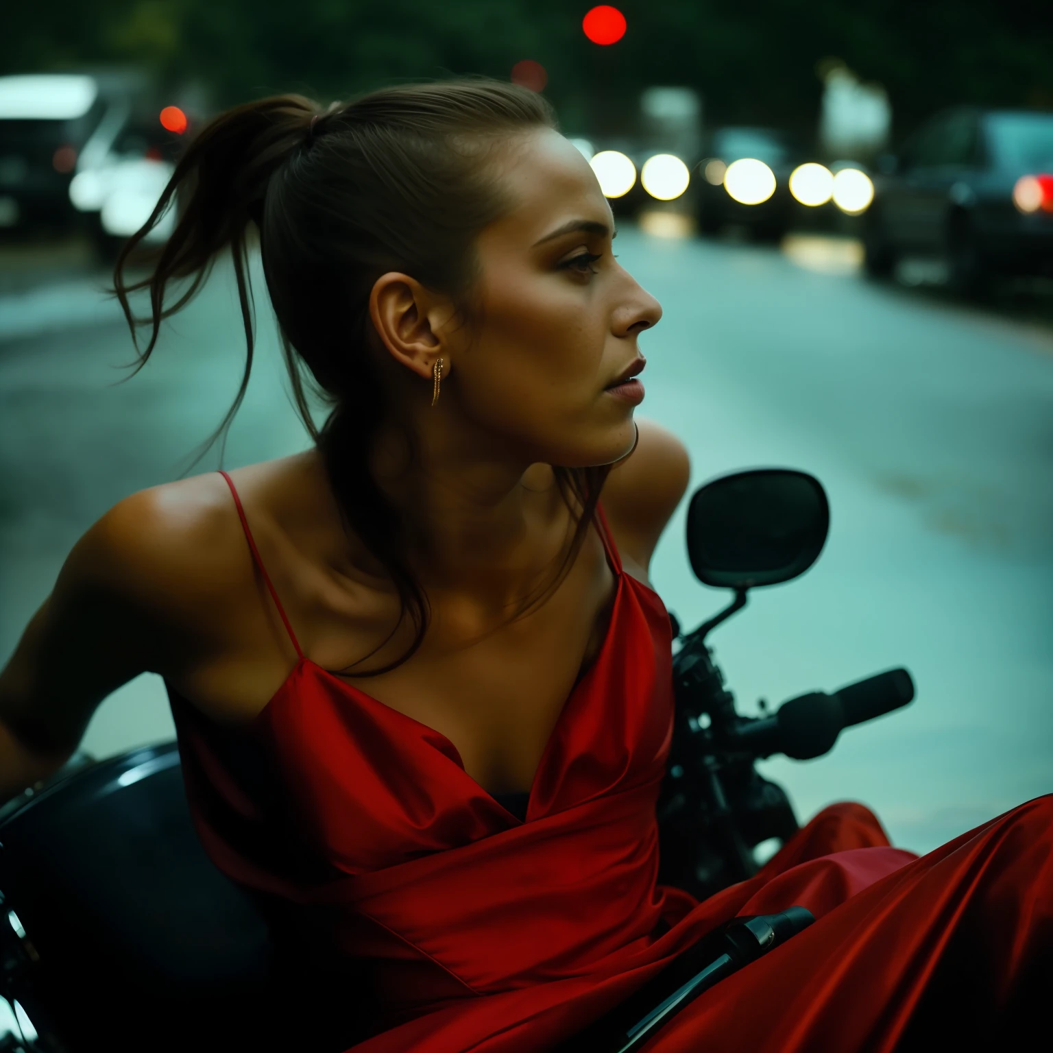 there is a woman sitting on a motorcycle with a red dress, ashteroth, beautiful, profile image, by Emma Andijewska, portrait shot, portrait image, music video, photo portrait, dramatic artwork, gorgeous art, gorgeous lady, malika favre, edited, by Matija Jama, taken in 1 9 9 7, close up portrait shot
