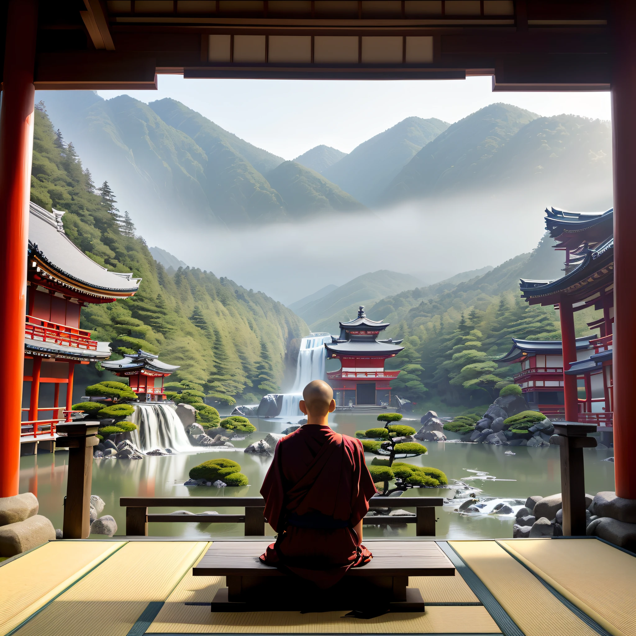 arafed man sitting on a bench in front of a waterfall, zen temple background, japanese temple, taoist temples and monks, floating in a powerful zen state, japanese temples, buddhist architecture, buddhist temple, in front of a temple, japan travel aesthetic, standing in a buddhist temple, kyoto inspired, monk meditate, japan deeper travel exploration, zen meditation