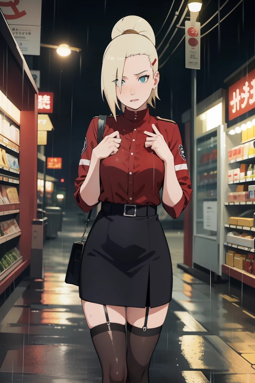 Ino yamanaka, Wet, latex, Night, rain, Storm,Uniform of convenience store staff，Long black stockings，downpours， up，Be red in the face，perspire，stooped