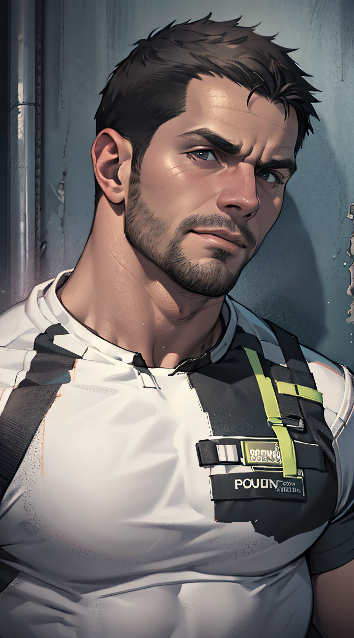 1 man, solo, 35 year old, Chris Redfield, wearing grey T shirt, smirks, black color on the shoulder and a bsaa logo on the shoulder, millitary tactical suit, tall and hunk, biceps, abs, chest, best quality, masterpiece, high resolution:1.2, upper body shot, dark black gloomy hallway in the background, detailed face, shadow, volumetric lighting, center focus, low camera angle