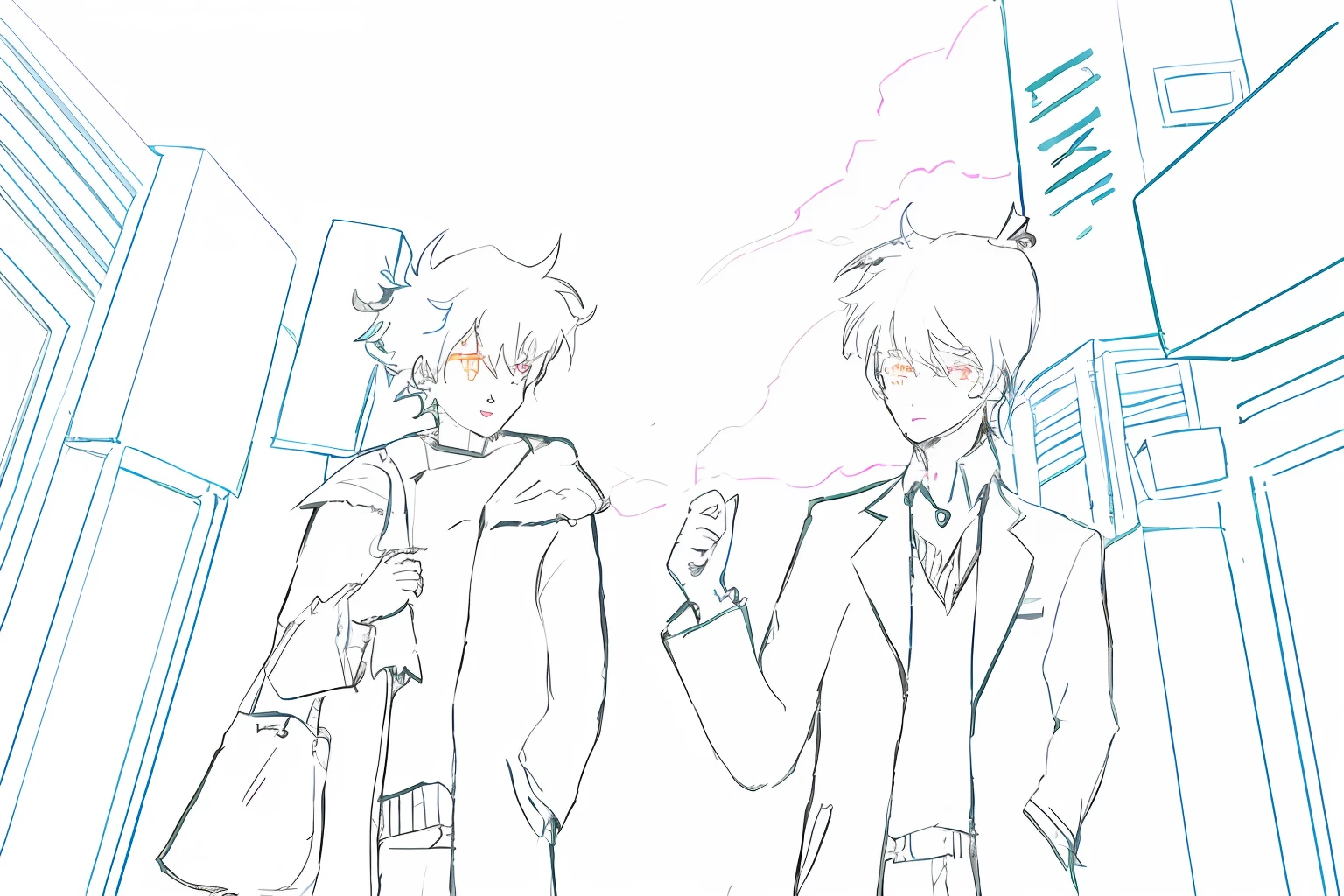 sketches of two people in a city street with buildings, by Kamisaka Sekka, by Naka Bokunen, inspired by Okumura Togyu, very modern anime style, sirius a and sirius b, modern anime style, subtle anime style, they are fighting very angry, hidari and vlop, in japanese anime style