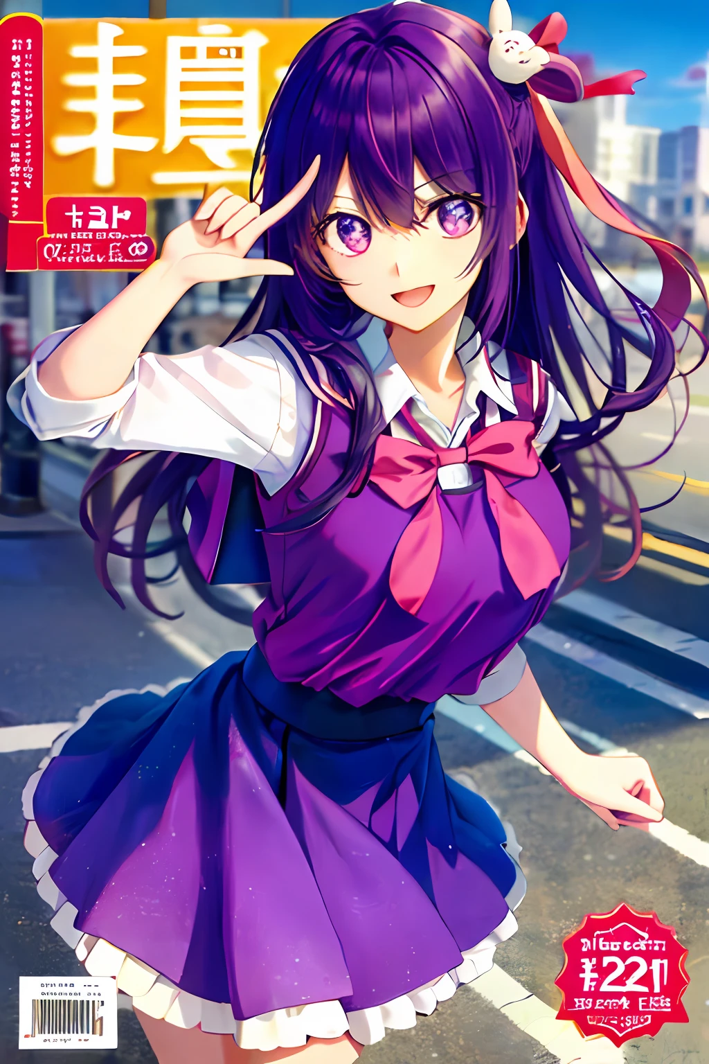 Cover of a，1个Giant Breast Girl，， tmasterpiece， Best quality at best，（（There is a five-pointed star in the eye））Gorgeous Hair in Long Purple，Smile，Open mouth，（JK school uniform）Hand on the back