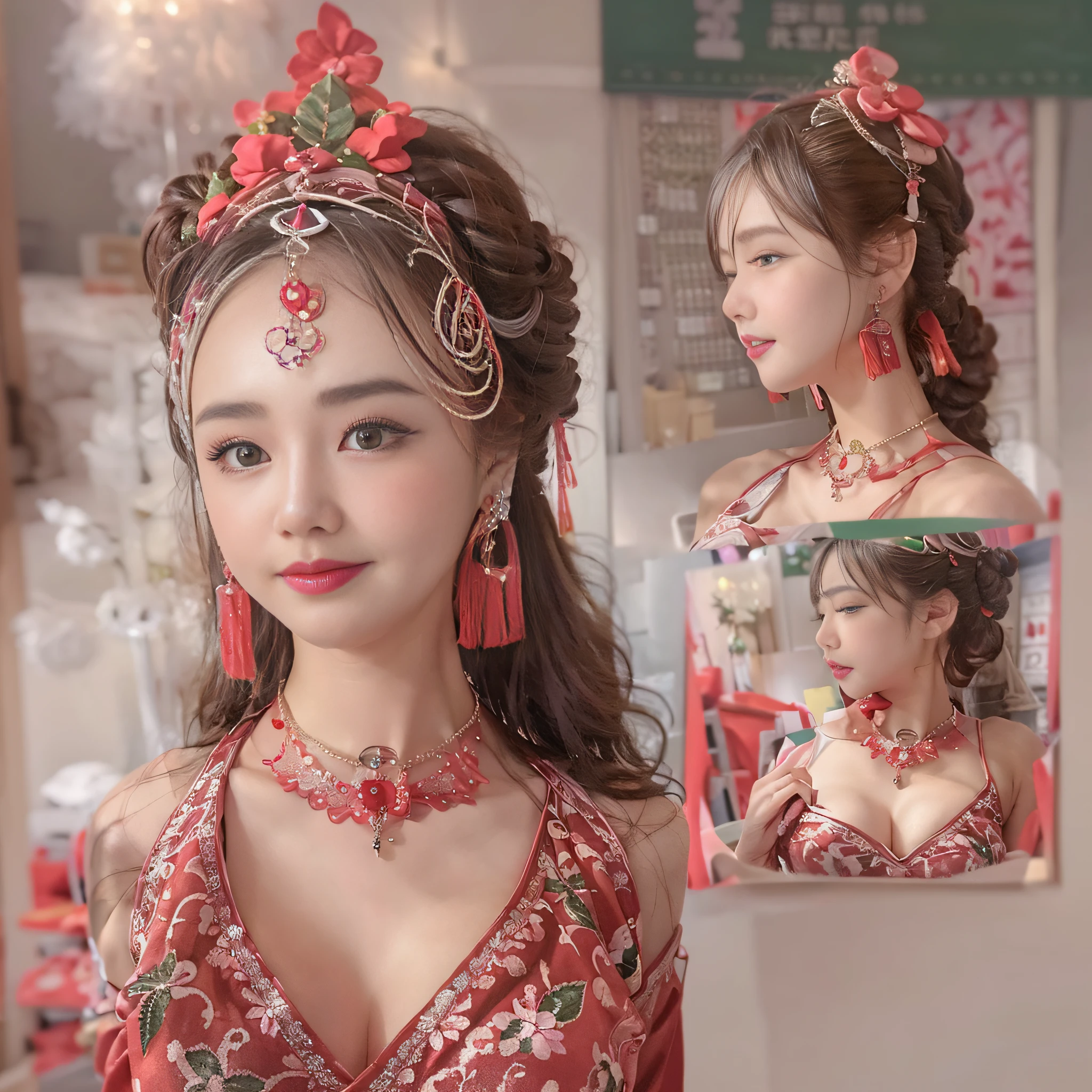 Good quality, tmasterpiece, A high resolution, 1girll,Chinese wedding dress,hair adornments,choker necklace,jewely,beauitful face,after sexing_Body,Tyndall effect,realisticlying,Red festive room edge lighting,twotonelighting,(highdetailskin:1.2),8K high-definition,gentle illumination,high high quality,Volumetriclighting,Frankness,photore,A high resolution,Blur the upper body, Plump breasts,