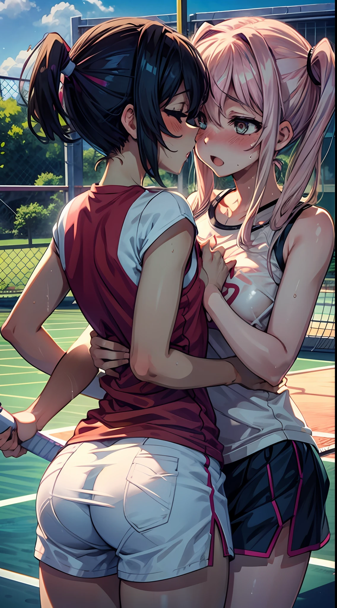 Two women having fun on the tennis court, lewd: 1,2, hentai: 1,2, NSFW: 1,2, lesbian micah: 1,2, grabbing each other's ass, kissing, blushing, wet sleeveless t-shirt, shorts, anatomically correct