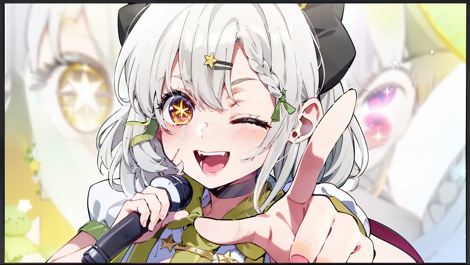 tmasterpiece、The is very detailed、(1 girl in:1.2)、largeeyes、closeup cleavage、A smile、8K、short-hair、anime big breast、Shining eyes、(((White idol costume))), ((((green scarf)))), Dance, Sing, brilliance, be on stage,Green hair accessories, Stage, A light, striated hair, Radiant eyes, mitts, Sing with your mouth open,(((White hair))), ahoge,((((french braid)))),(((((Dark gray corners))))),(((((Yellow eyes))))),(Handheld black microphone),(Gold glitter),(golden rays),face,eye_Focus,((Singing)),aiming at viewer,((Point one finger at the viewer)),Ai Hoshino, Striped hair, (((((Star-shaped pupils))))),(((One eye closed))),((((Green hairpins)))),((Scars on the face ))