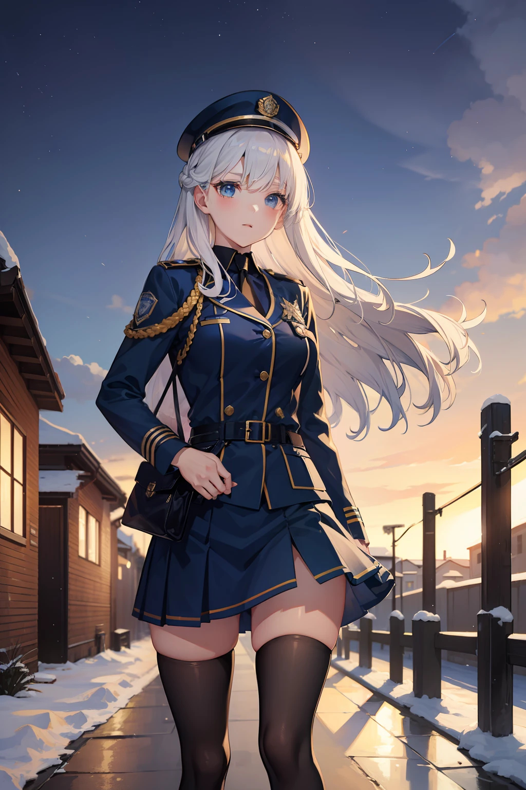 aurora sky, town, 1 girl, elegant, beautiful, police uniform, short skirt, long hair, stockings
