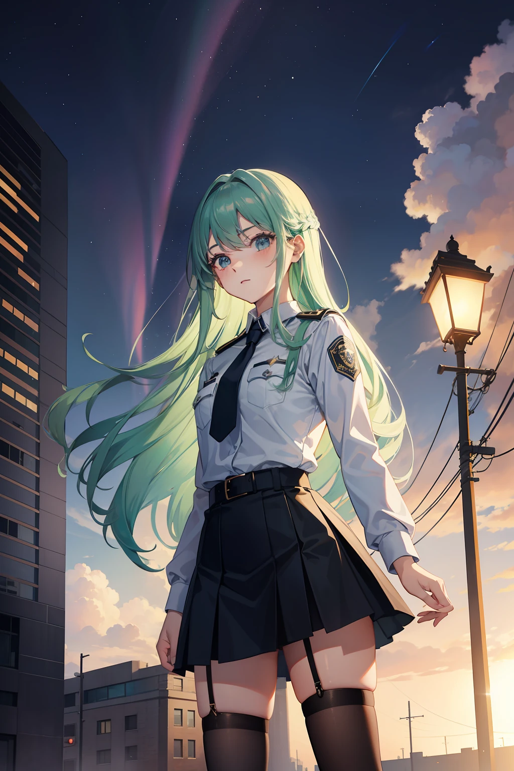 aurora sky, town, 1 girl, elegant, beautiful, police uniform, short skirt, long hair, stockings