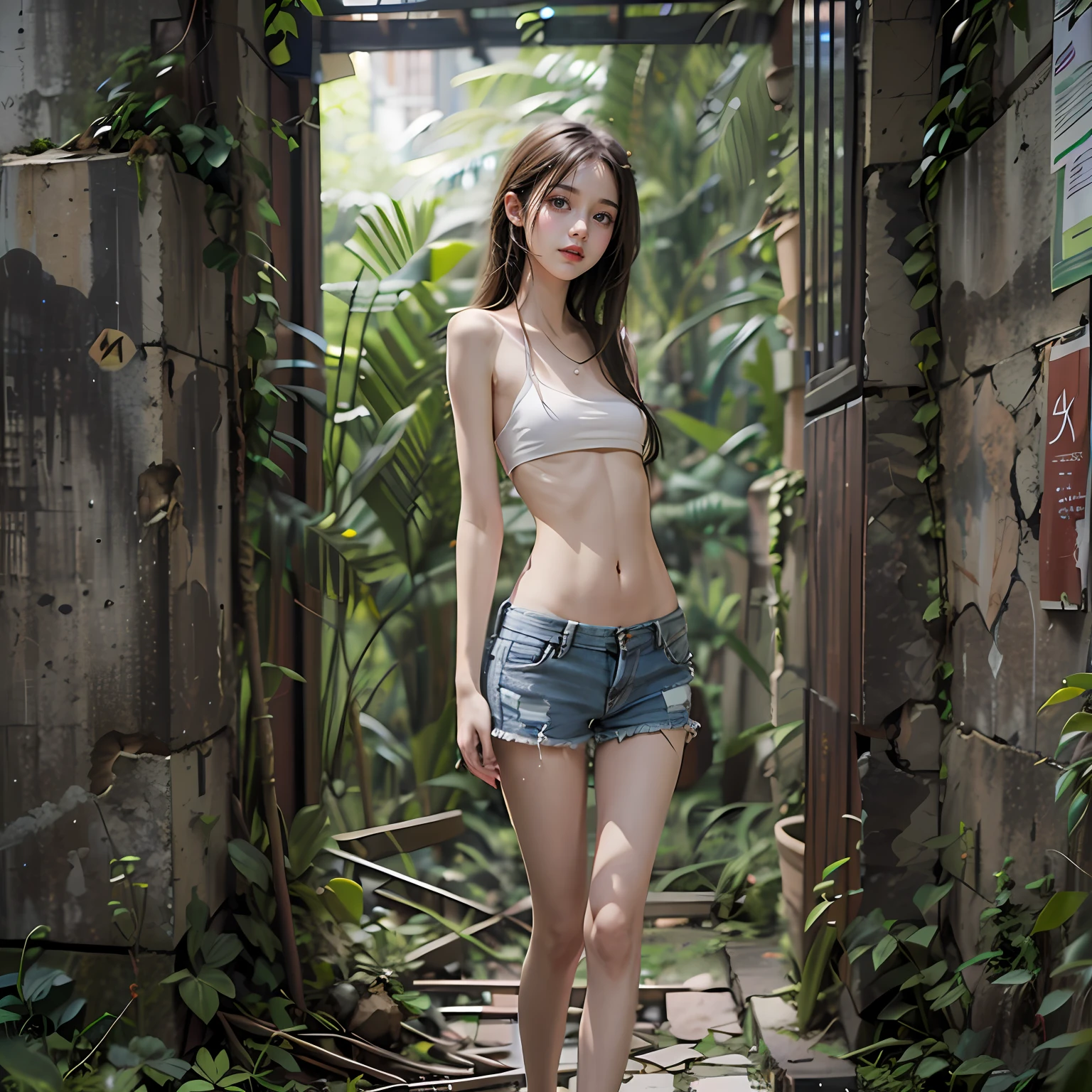 abandoned ruins,Sexy standing pose,full-body portraits(1:1),18 years old girls,Slender and slender figure,Skinny,As thin as a whipping post,Smaller bust,The barefoot,Random nudity all over the body,exhibitionists,Random exposure of genitals,face to the viewer
