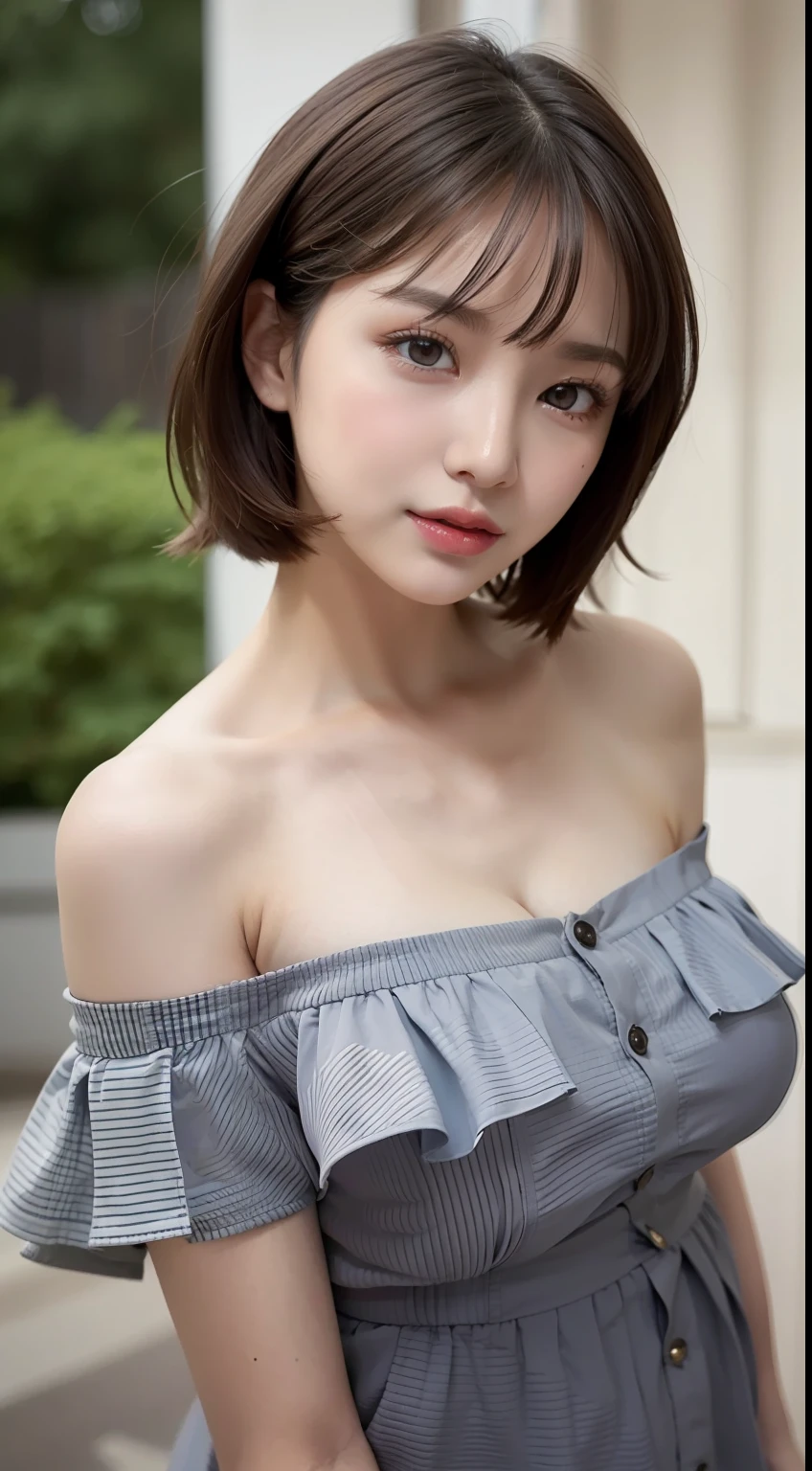fashion modell、[[[[a closeup]]]]、[[[[breastsout]]]]、[[[[coll]]]]、[[[[Shoulder]]]]、perfect  eyes、Perfect iris、Perfect lips、perfect teeth、flawless skin、Soft front light、Glow、nffsw、(Subdued Color:1.2)、Baby Face Woman、Shortcut Hair、colourful hair