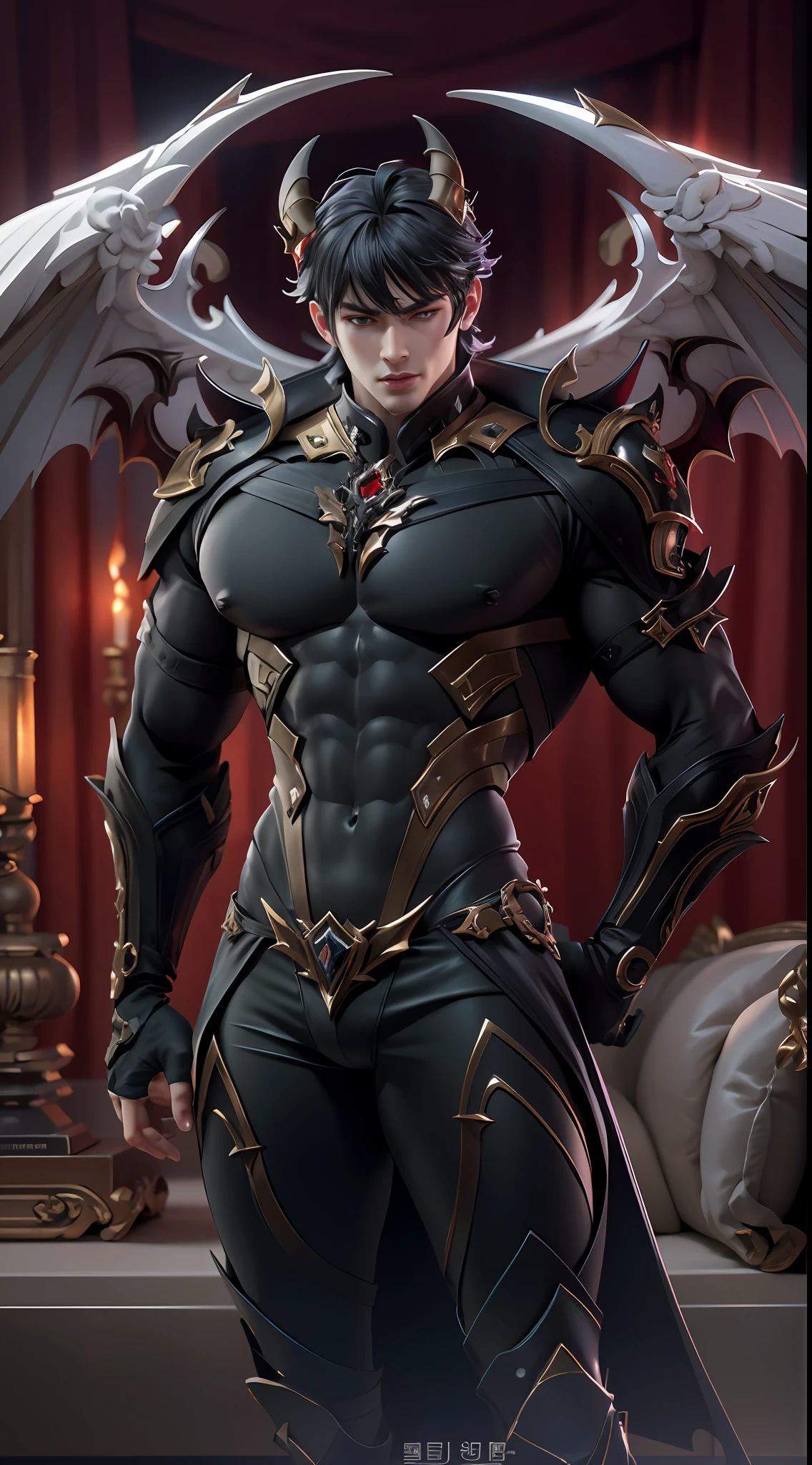 Sculpture design,Figures,GK model,The whole body of the character,Handsome demon,satan,sexy for,Stroke the chest,Wings,Handsome,Expose muscles,base,Wu Yifan,Handsome cybernetic boy looking at camera lingerie detailed muscular reality masterpiece,musculous