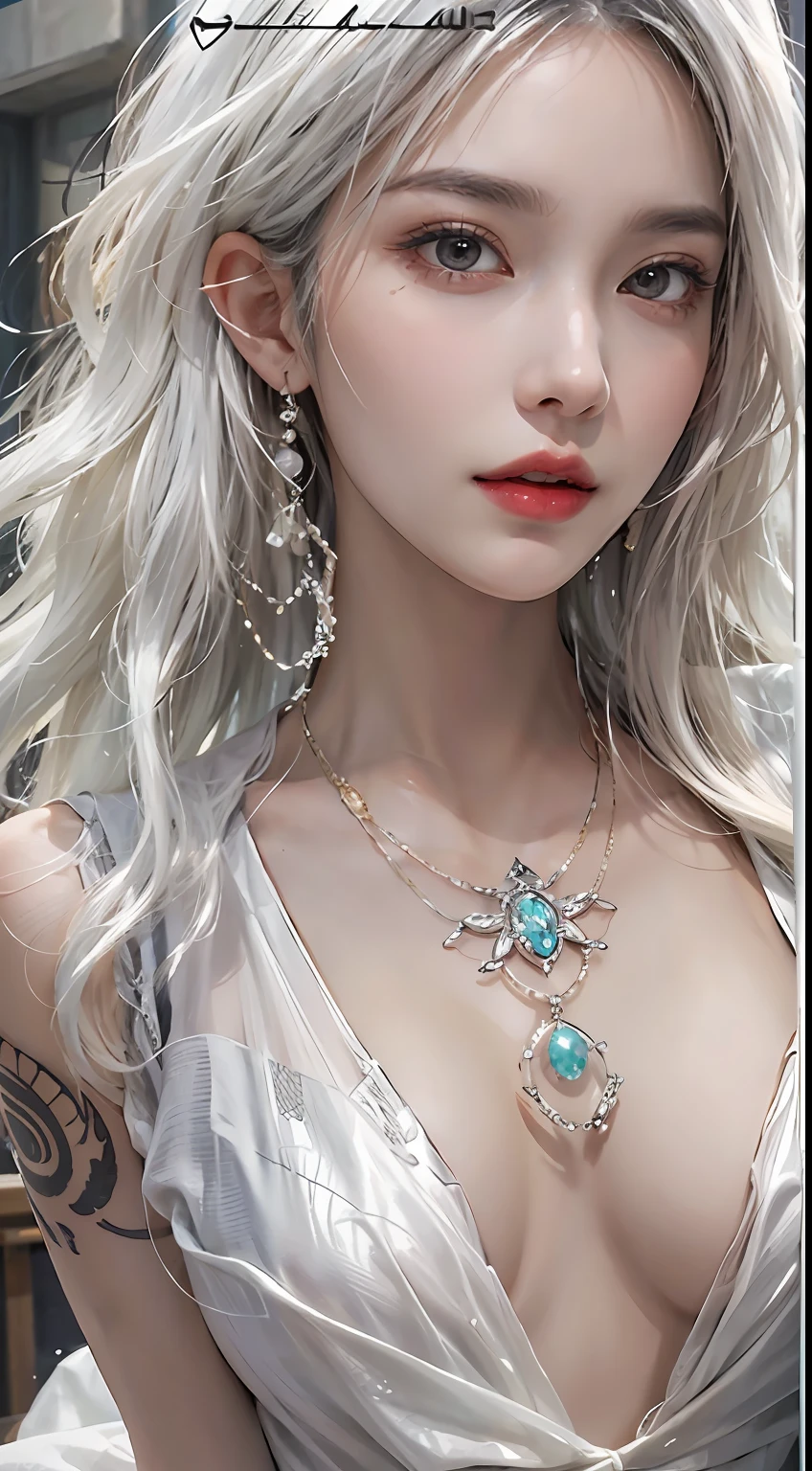 Photorealistic, high resolution, 1womanl, Solo, Hips up, view the viewer, (Detailed face), White hair, Elegant dress, jewelry, tattoo