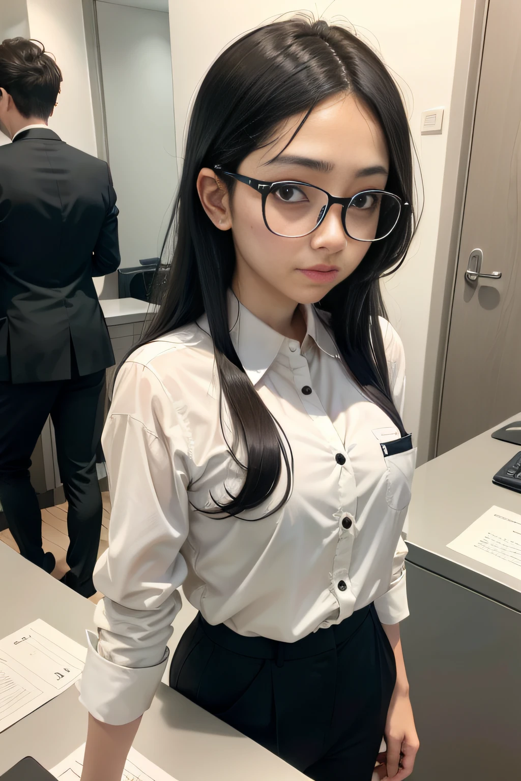 Company front desk，Black shoulder-length hair，White shirt，With large-frame glasses，Black trousers，Thin and small，Melon seed face，Welcome at reception，sideface