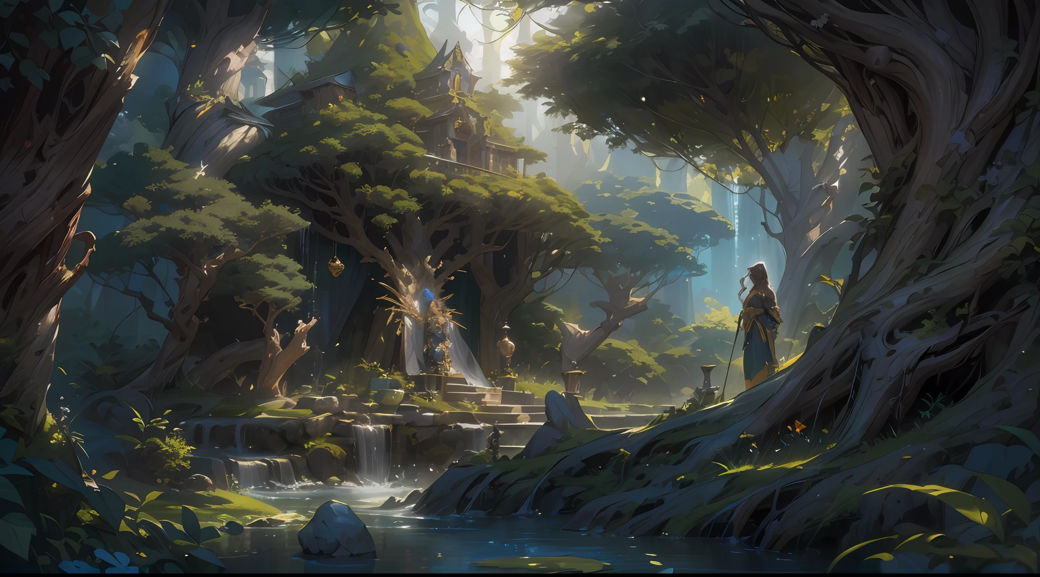 high details, best quality, 8k, [ultra detailed], masterpiece, best quality, (extremely detailed), dynamic angle, ultra wide shot, photorealistic, fantasy art, dnd art, rpg art, realistic art, an ultra wide picture of druid grove in a fantasy forest and its druid observing all, a fantasy forest (intricate details, Masterpiece, best quality: 1.5), many trees, a stream of water (intricate details, Masterpiece, best quality: 1.5), waterfall (intricate details, Masterpiece, best quality: 1.5), human female druid, full body (intricate details, Masterpiece, best quality: 1.5), exquisite beautiful woman druid (intricate details, Masterpiece, best quality: 1.5), ultra detailed face (intricate details, Masterpiece, best quality: 1.6), black hair, long hair, wavy hair (intricate details, Masterpiece, best quality: 1.5), dynamic eyes color, fair skin, wearing blue cloak (intense details, Masterpiece, best quality: 1.5), green robe (intricate details, Masterpiece, best quality: 1.5), cinematic light, pastoral atmosphere, divine light (intricate details, Masterpiece, best quality: 1.5), gods rays,