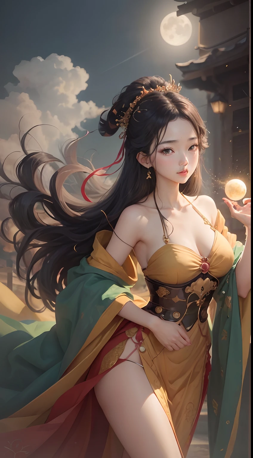 Beautiful long hair cute Chinese girl,Twenty-two years old,(face round:1.3),A shallow shy smile,（large black eyes）,（Very detailed and perfect facial depiction）,(Long dark brown hair:1.1),（Half-body appearance）,With a crown on his head,Light yellow-green silk fabric,Birthday is being celebrated,Moments of happiness, (The sky in the distance has a bright full moon:1.2),（surrounded by flower:1.2),（Beautifully decorated birthday cake:1.2),happy birthay,good luck,joy,Sprinkle flowers,Beautiful girl,（light and shadow effect）,（vivd colour）,（Color splattering）,（Obvious layers）,（Ink painting style:1.2）,（Photography Award）,（8k wallpaper）,（Masterpiece）,（best qualtiy）,A picture,realisticlying