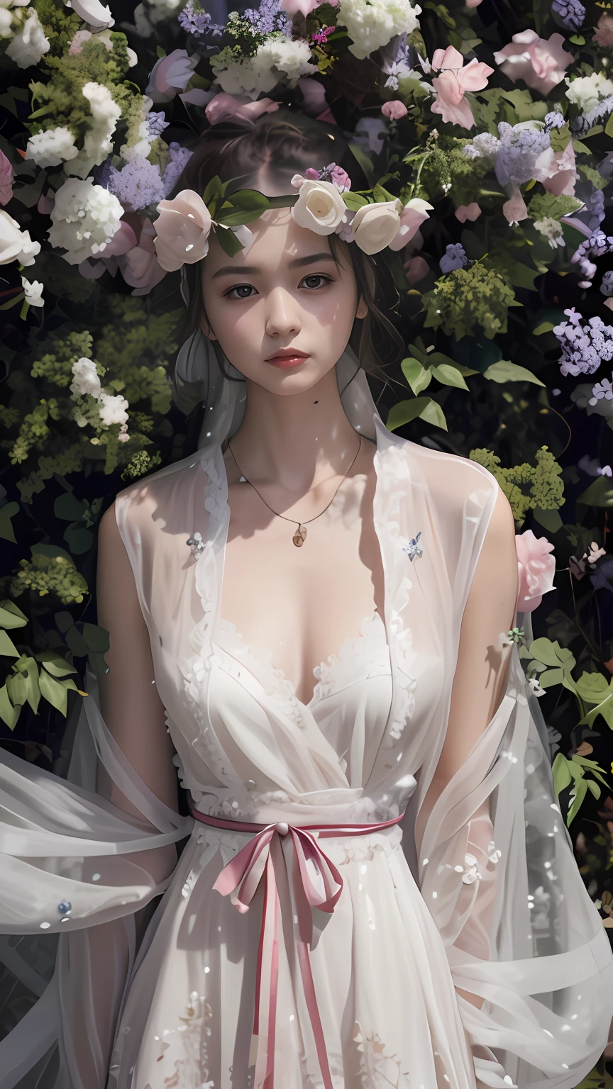 Wearing a white dress、Longing woman wearing a flower crown, Ethereal beauty, ethereal fairytale, Incredibly ethereal, Dreamy and ethereal, Very ethereal, Ethereal and dreamy, White Hanfu, a stunning young ethereal figure, Ethereal!!!!!!!, dreamy ethereal vibe, pale snow-white skin, Ethereal fantasy, ethereal details, Romantic dress, Ethereal!!!, fairy core, extremely beautiful and ethereal