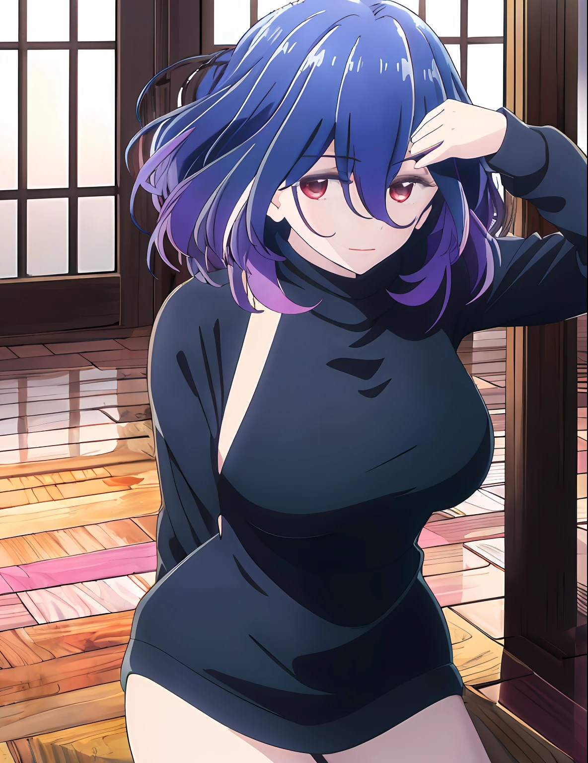modelshoot style, (masterpiece:1.3), (absurdres:1.3), (best quality:1.3), (8K), (large masterpiece digital art), (detailed manga illustration), (handled hair), perfect anatomy, (intricate details:1.3), (ultra-detailed:1.3), (illustration:1.3), (sharp focus:1.3), (vivid colors:1.3), (1girl), (solo), Vermeil, kinsou no vermeil, (short hair:1), hair between eyes, multicolored hair, (two-tone hair, pink hair, black hair), purple eyes, leaning forward viewer, pov, thighs, sitting, virgin killer sweater, purple sweater, backless outfit, indoors, wooden floor, heart_cleavage_cutout