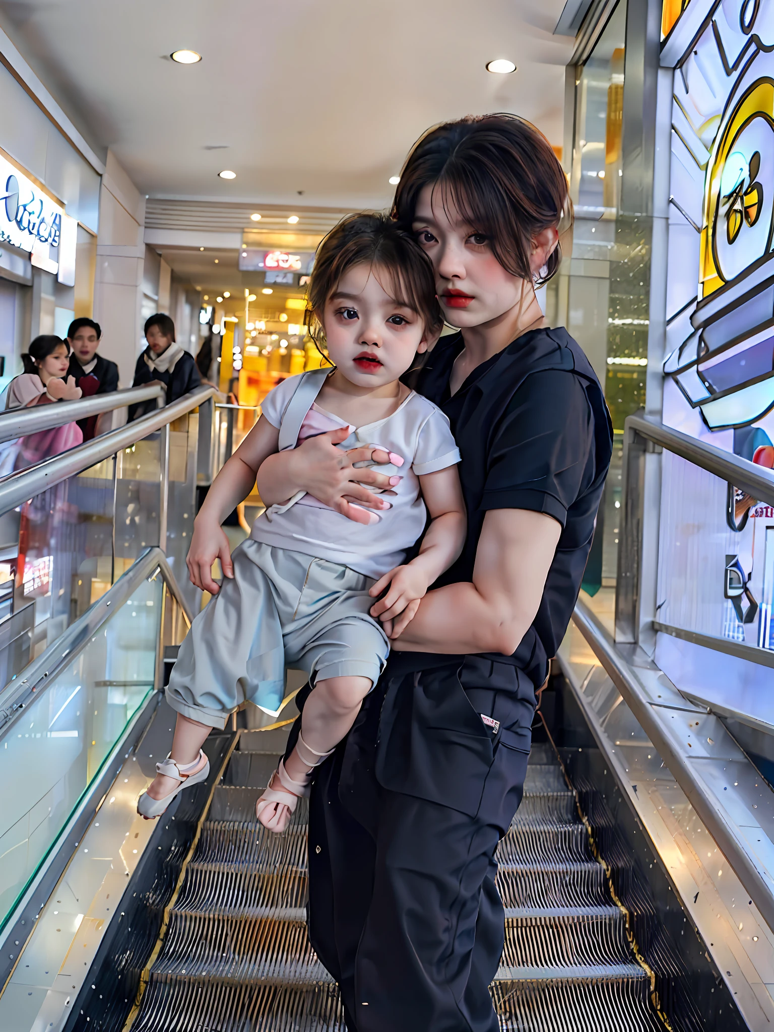 There is a man holding a baby on an escalator, with a child, in a mall, in mall, caring fatherly wide forehead, 🤬 🤮 💕 🎀, appearing in a shopping mall, kiddy big breasts, Uptrend ,, taken with sony alpha 9, 😭 🤮 💕 🎀, Li Zixin, toddlers, kid, escalators, 🔞🤡