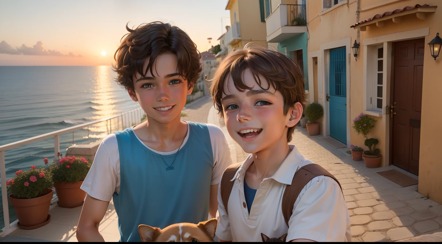 A single brown-haired boy with blue eyes about ten years old is taking a selfie with his dog. Both are smiling enthusiastically. In the background you can see a typical Mediterranean house, with flower pots in the street and the sea in the background, at sunset, with a wonderful sunset.