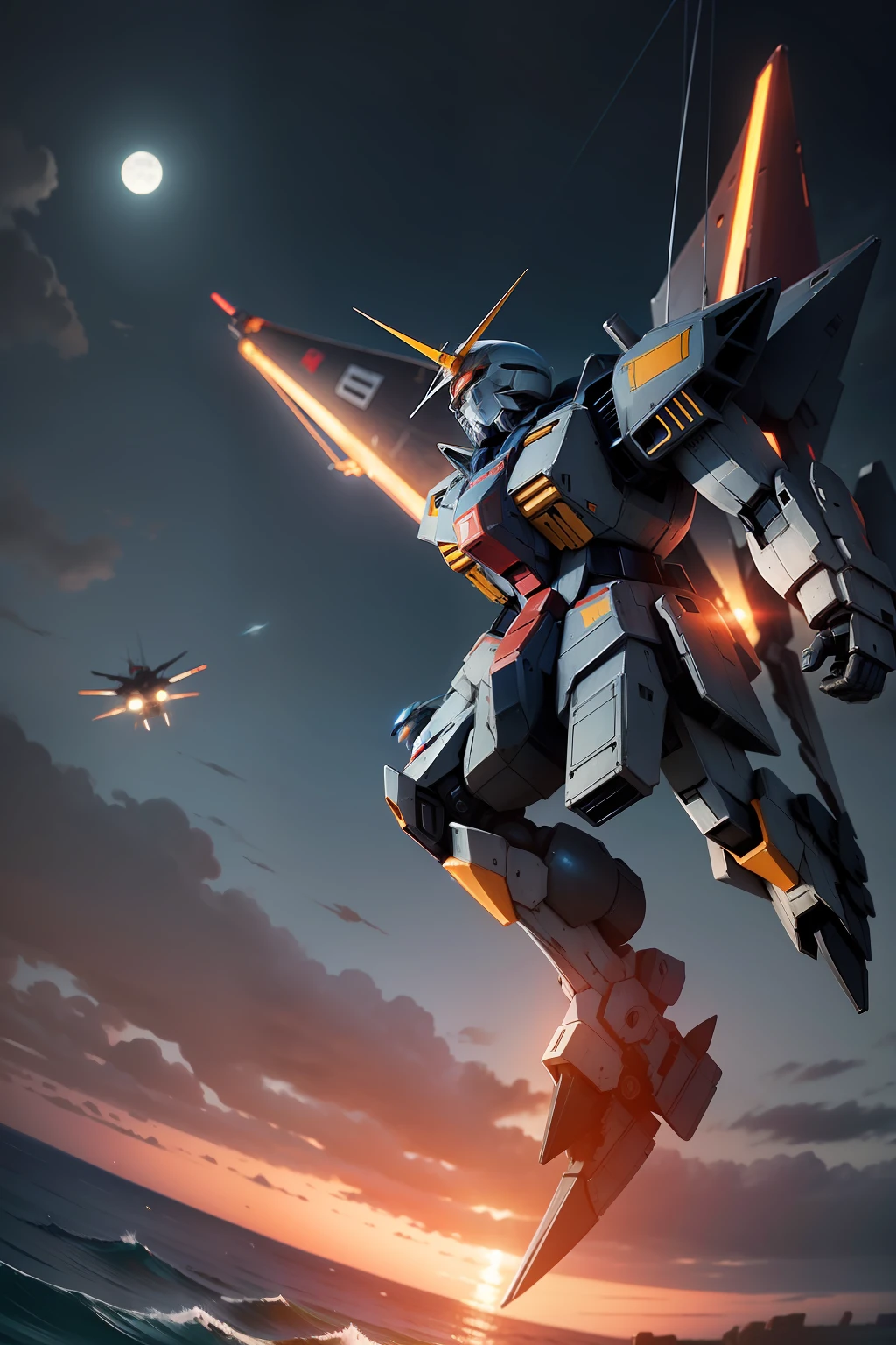 With the sea as a backdrop，Time is at night，Giant Gundam robot flying upright suspended over the sea