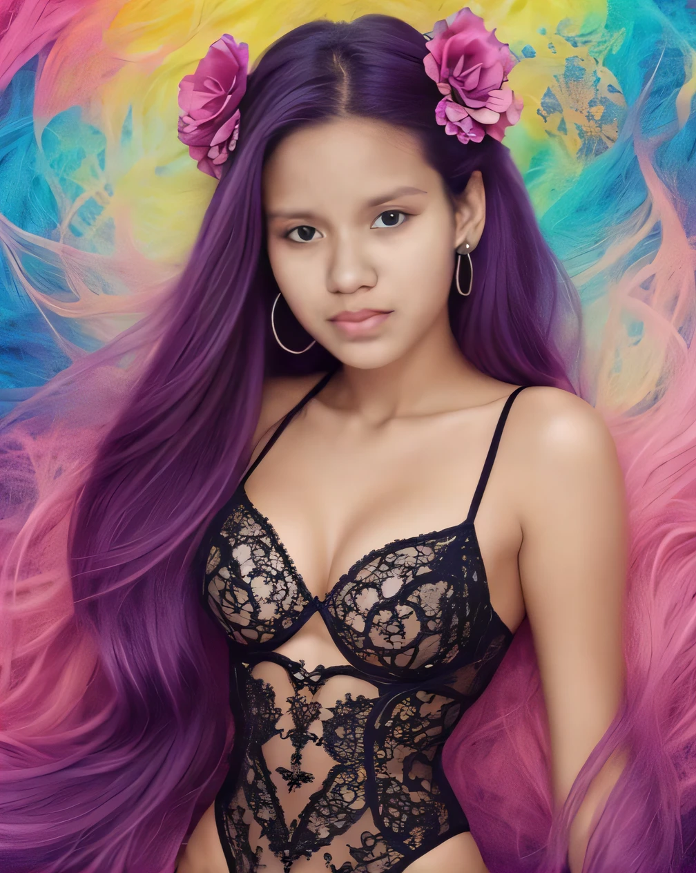 A woman with long purple hair and a black bra top, cabelo longo violeta, Retrato de Jossi de Blackpink, cabelo longo roxo, cabelos violetas longos, cabelo roxo longo, Poarch bonito, jossi do blackpink, Retrato de Ariana Grande, Ariana Grande, cabelo violeta, her face looks like an orchid, basia tran |, Retrato Jisoo Blackpink