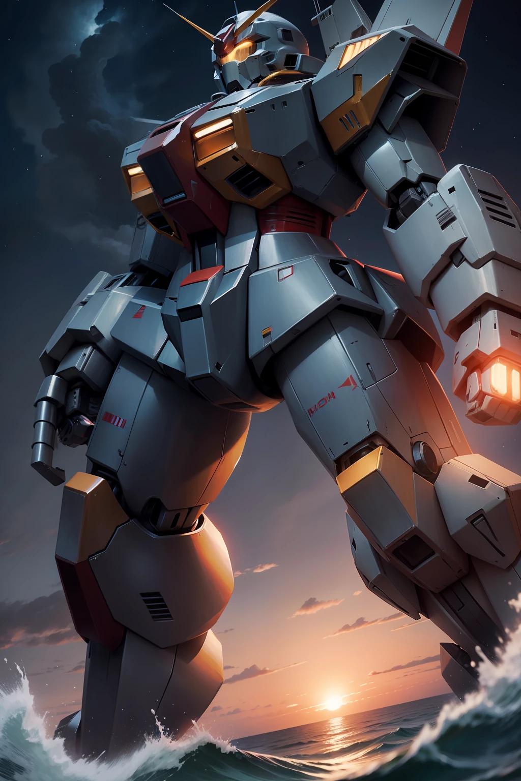 With the sea as a backdrop,Time is at night,Giant Gundam robot flying upright suspended over the sea